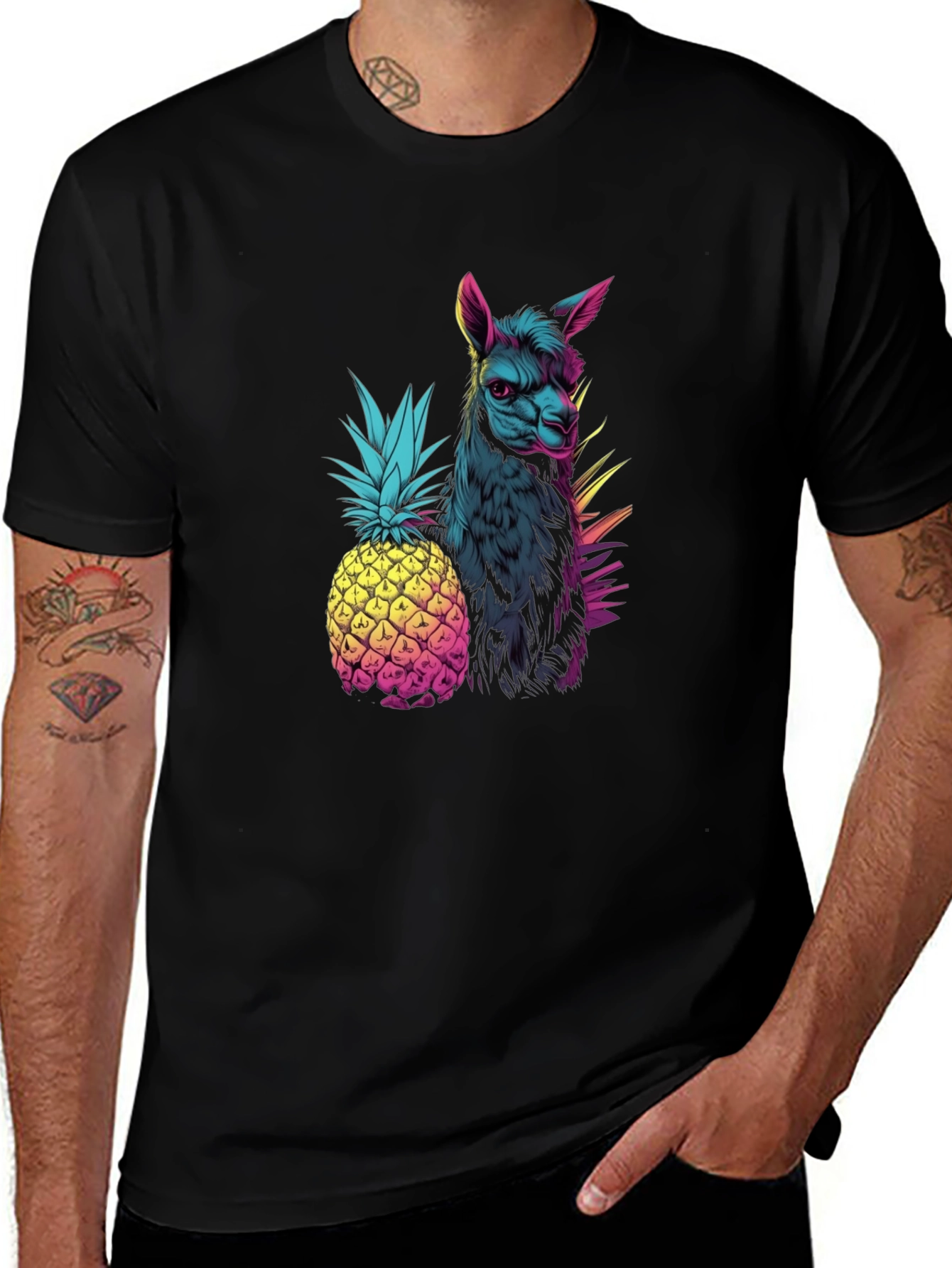 Variant 17 of Llama and Pineapple Graphic Tee - Black Cotton Casual Shirt