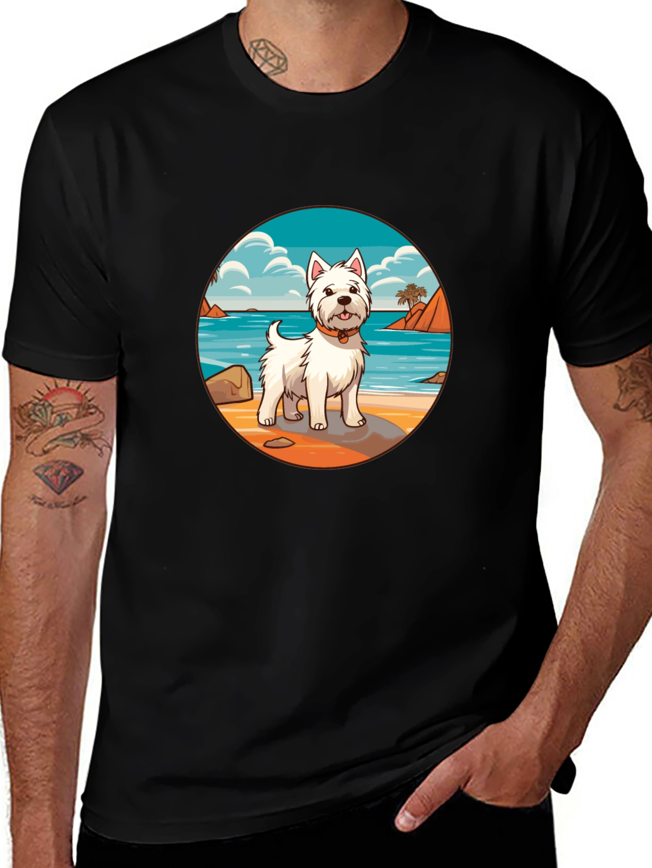 Westie Dog Beach Scene Graphic T-Shirt