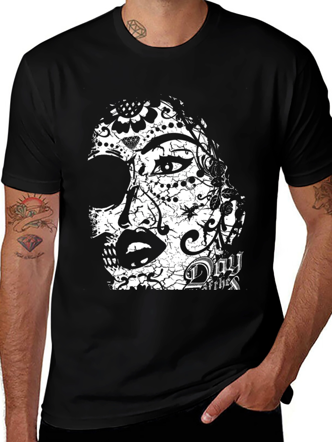 Variant 7 of Day of the Dead Sugar Skull Graphic Tee - Black Cotton Blend