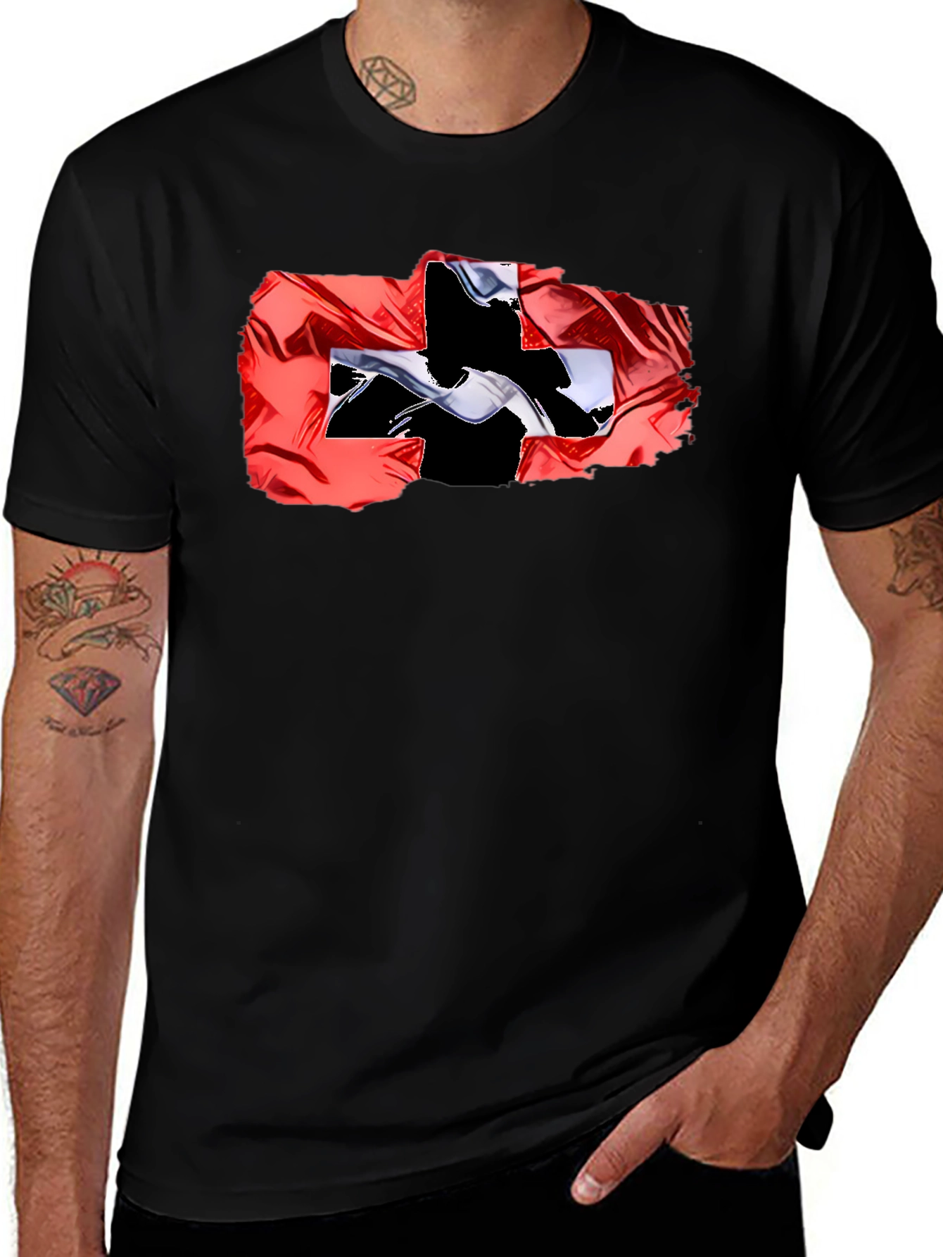 Variant 8 of Black Tee with Swiss Flag Design