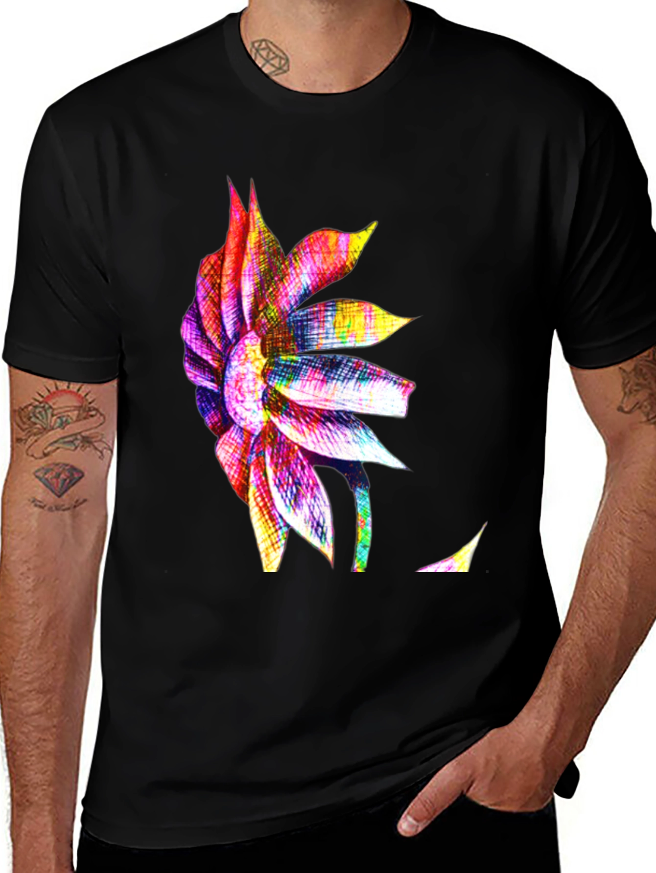 Variant 23 of Vibrant Floral Print Men's Black T-Shirt