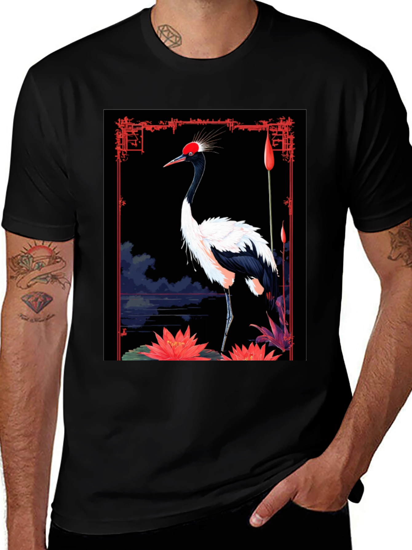 Crane Graphic T-Shirt - Asian Inspired Design