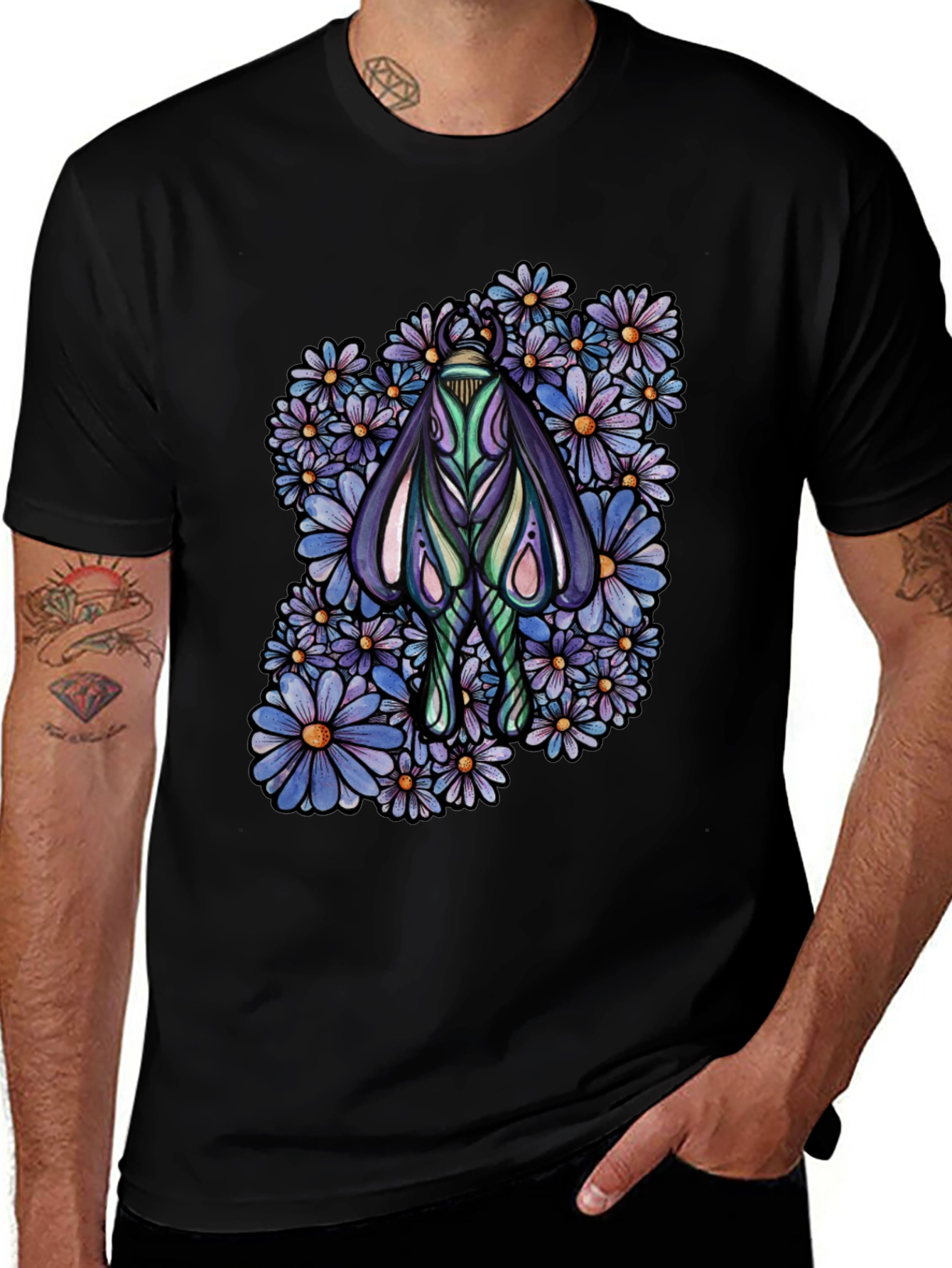 Variant 19 of Moth and Floral Graphic Black T-Shirt