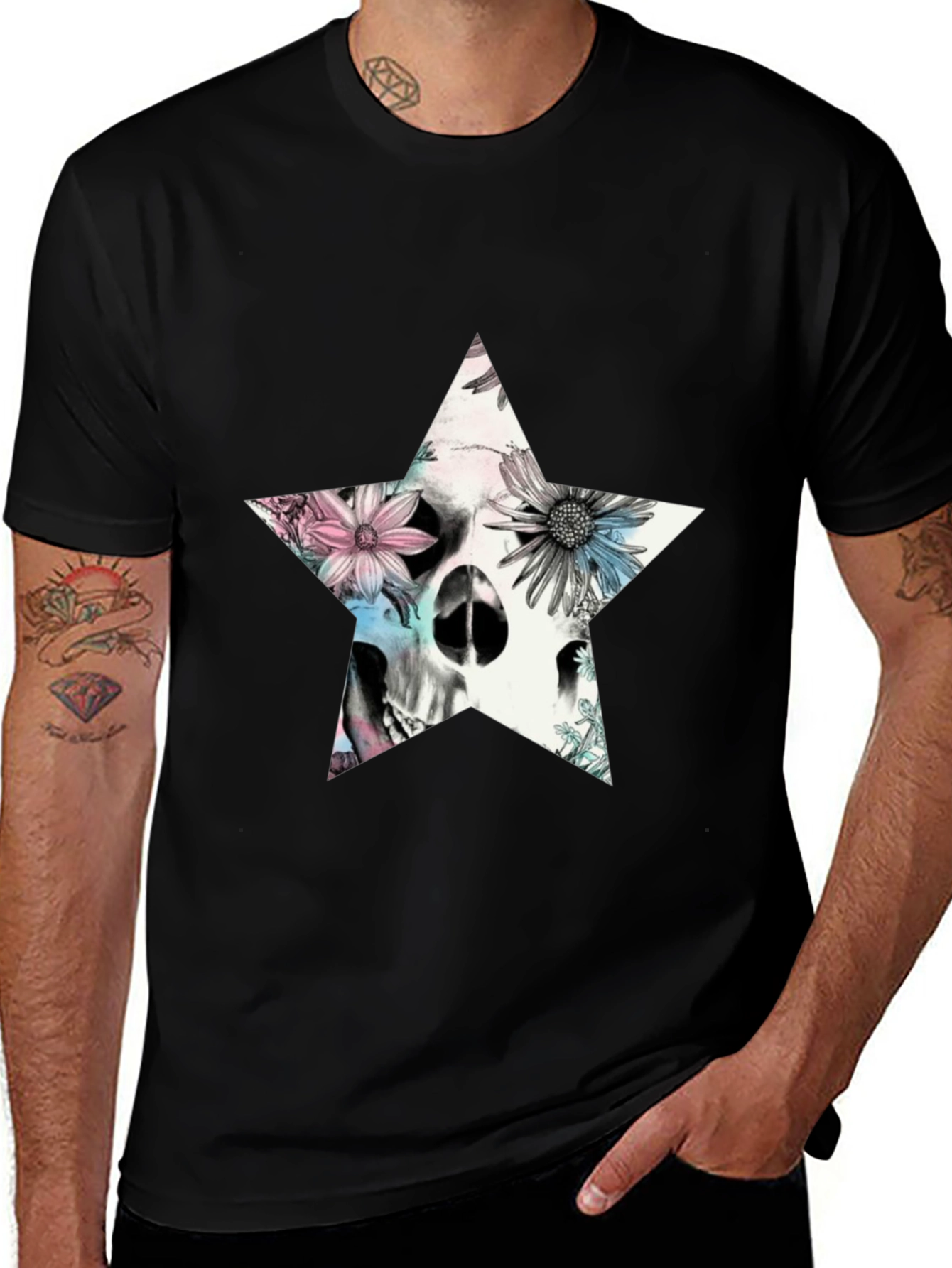 Variant 14 of Floral Skull Star Graphic T-Shirt - Black