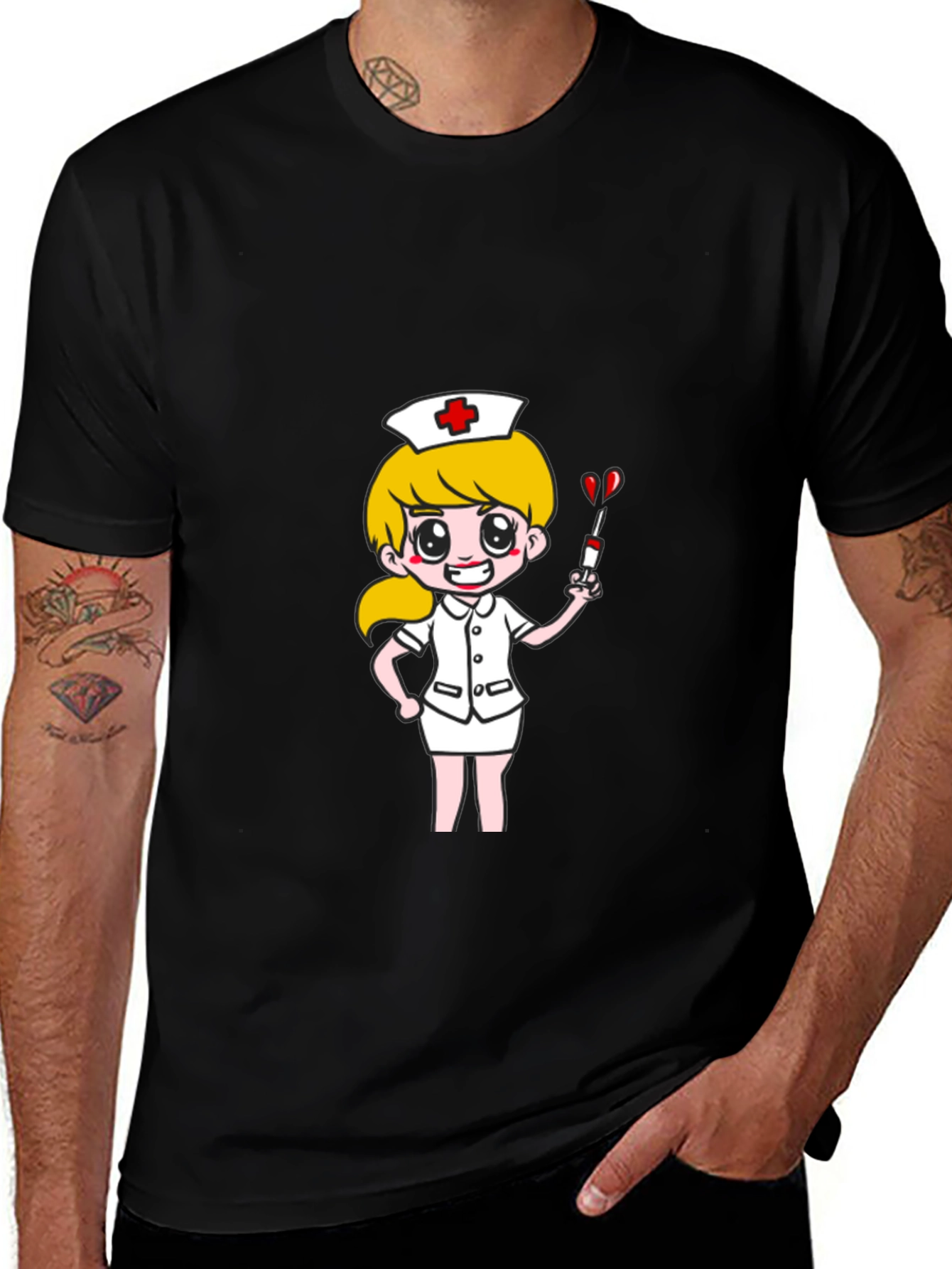 Variant 6 of Nurse Cartoon Graphic T-Shirt - Black Cotton Tee