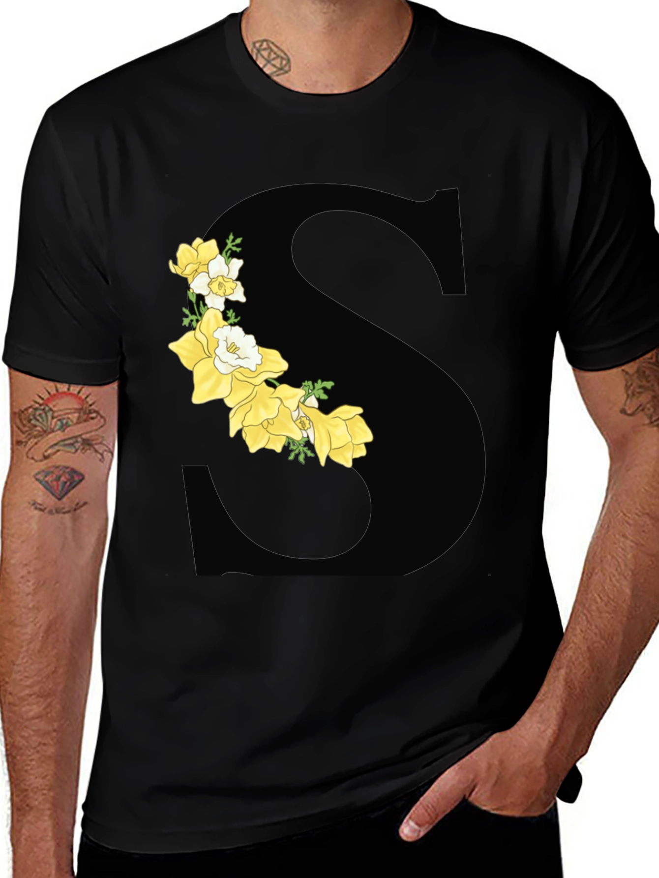 Variant 19 of Floral Letter S Black Graphic Tee