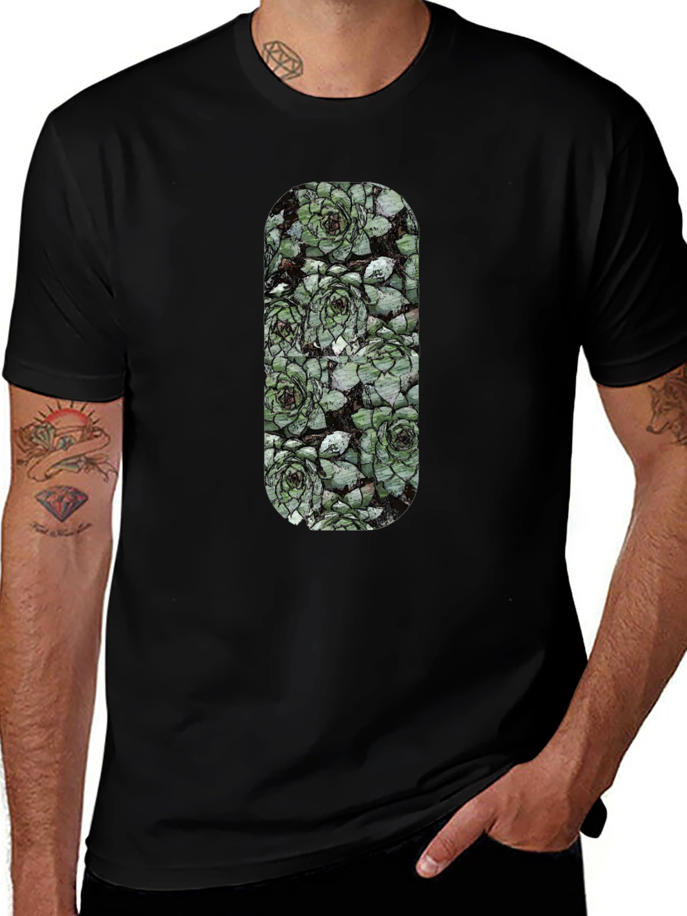 Variant 9 of Succulent Print Black T-Shirt