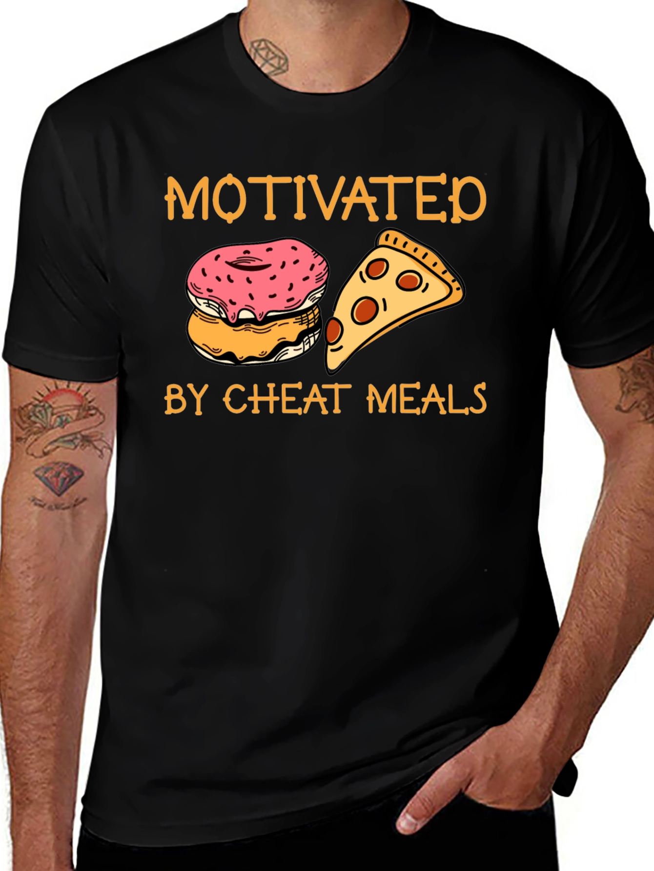 Variant 17 of Motivated by Cheat Meals T-Shirt: Pizza & Donuts