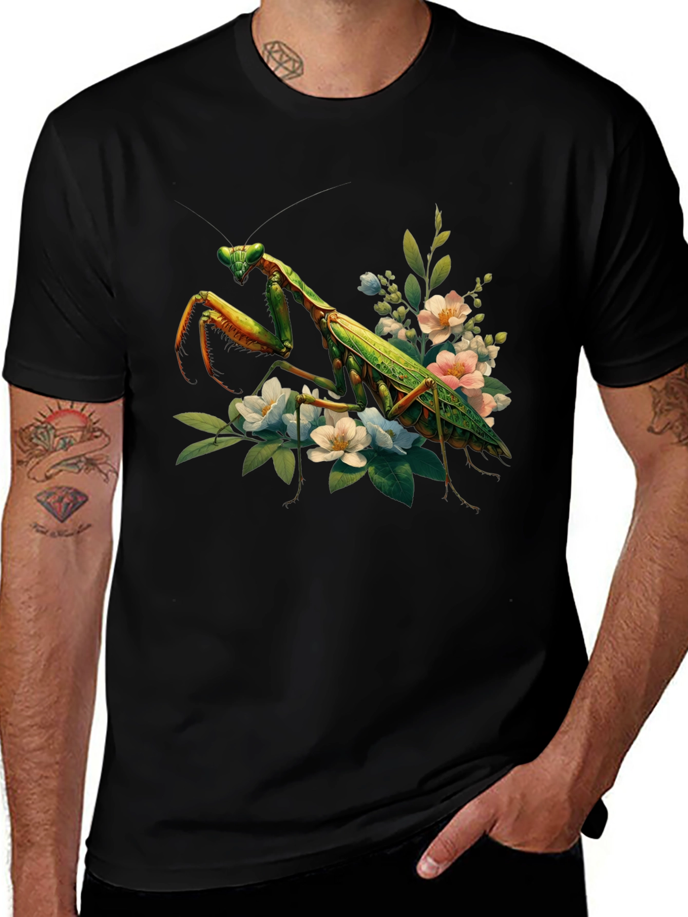 Variant 17 of Floral Mantis Graphic Tee - Nature Inspired Black T-Shirt