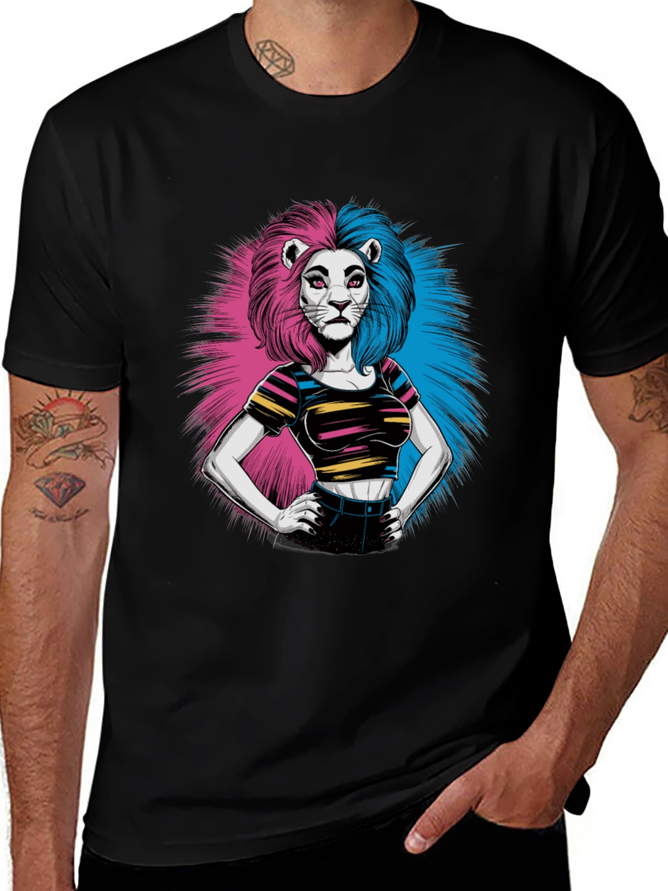 Lion Woman Graphic Print Black T-Shirt