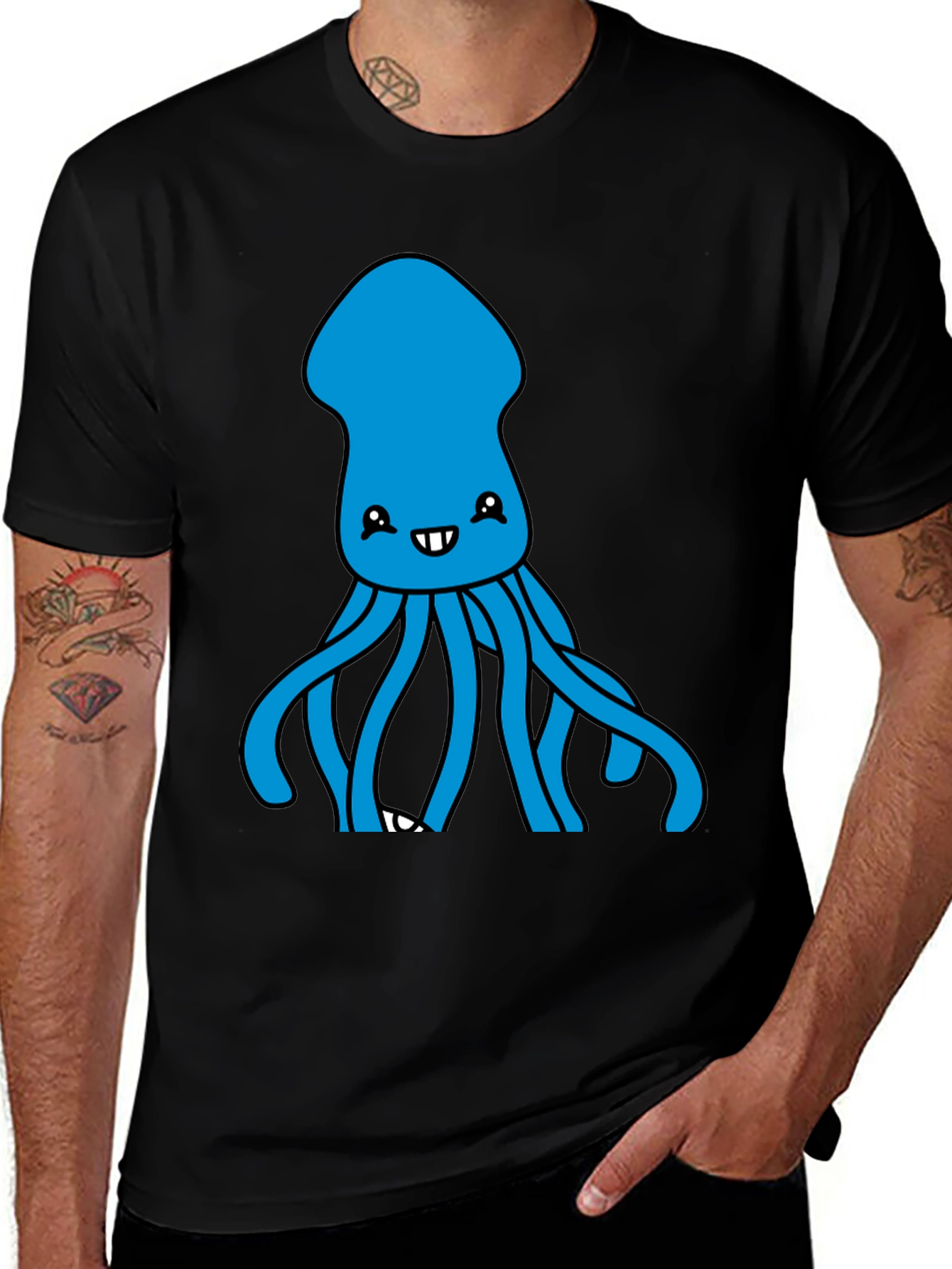 Cute Squid Graphic Tee - Black Cotton Blend Shirt