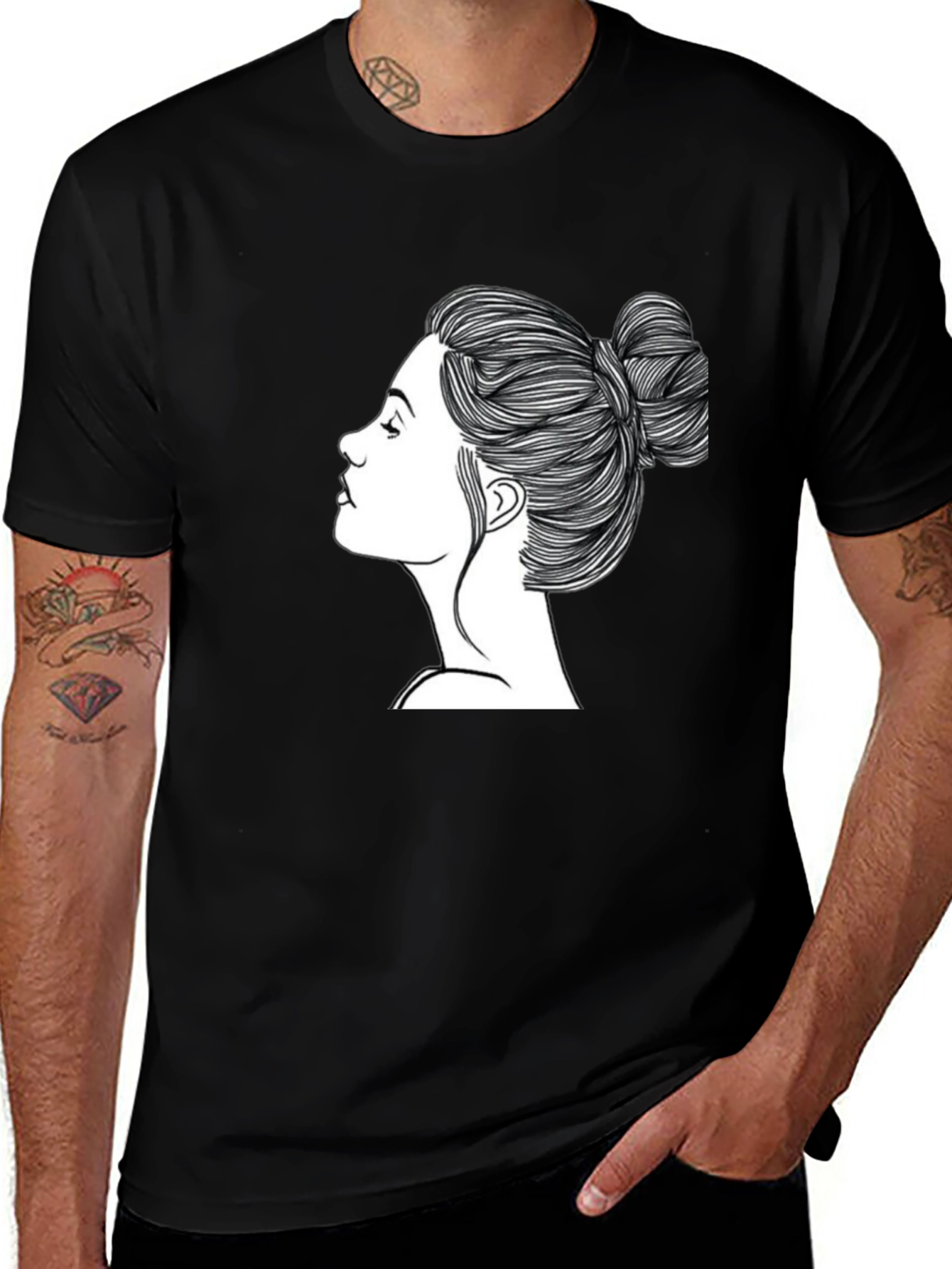 Variant 15 of Black T-Shirt with Woman's Hair Bun Design