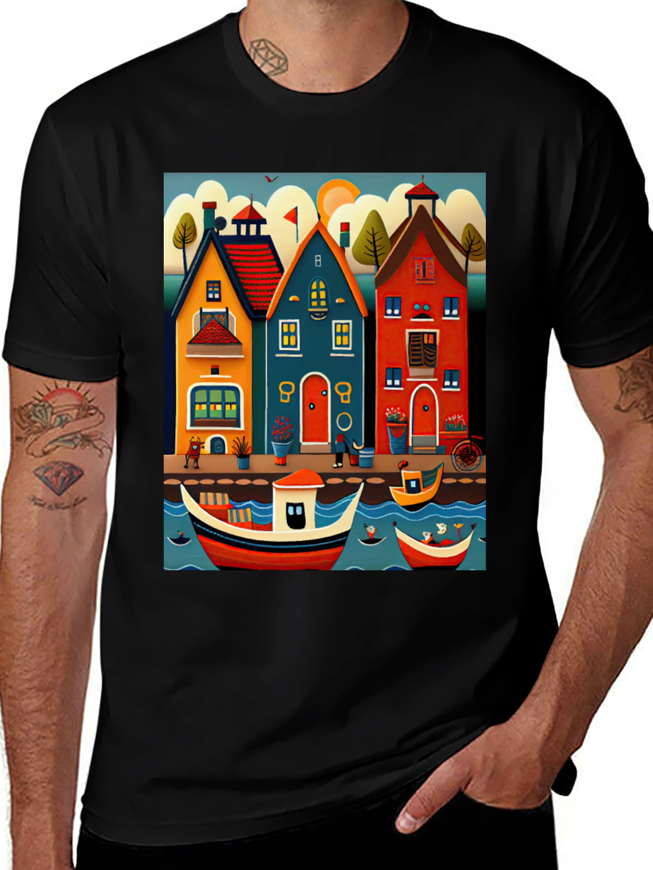 Variant 27 of Whimsical Harbor T-Shirt: Colorful Town & Boats Design