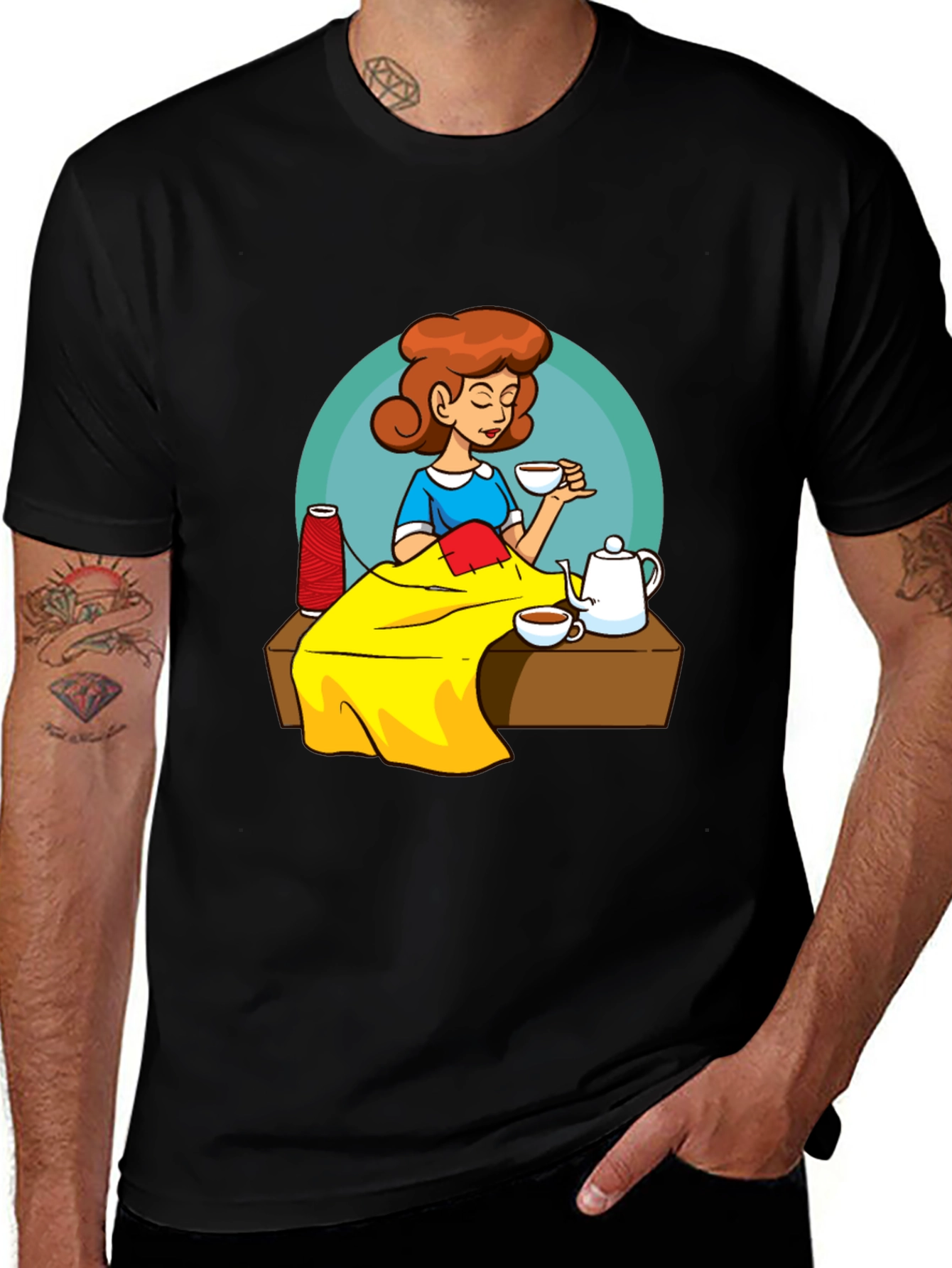 Variant 4 of Sewing Tea T-Shirt: Retro Cartoon Style