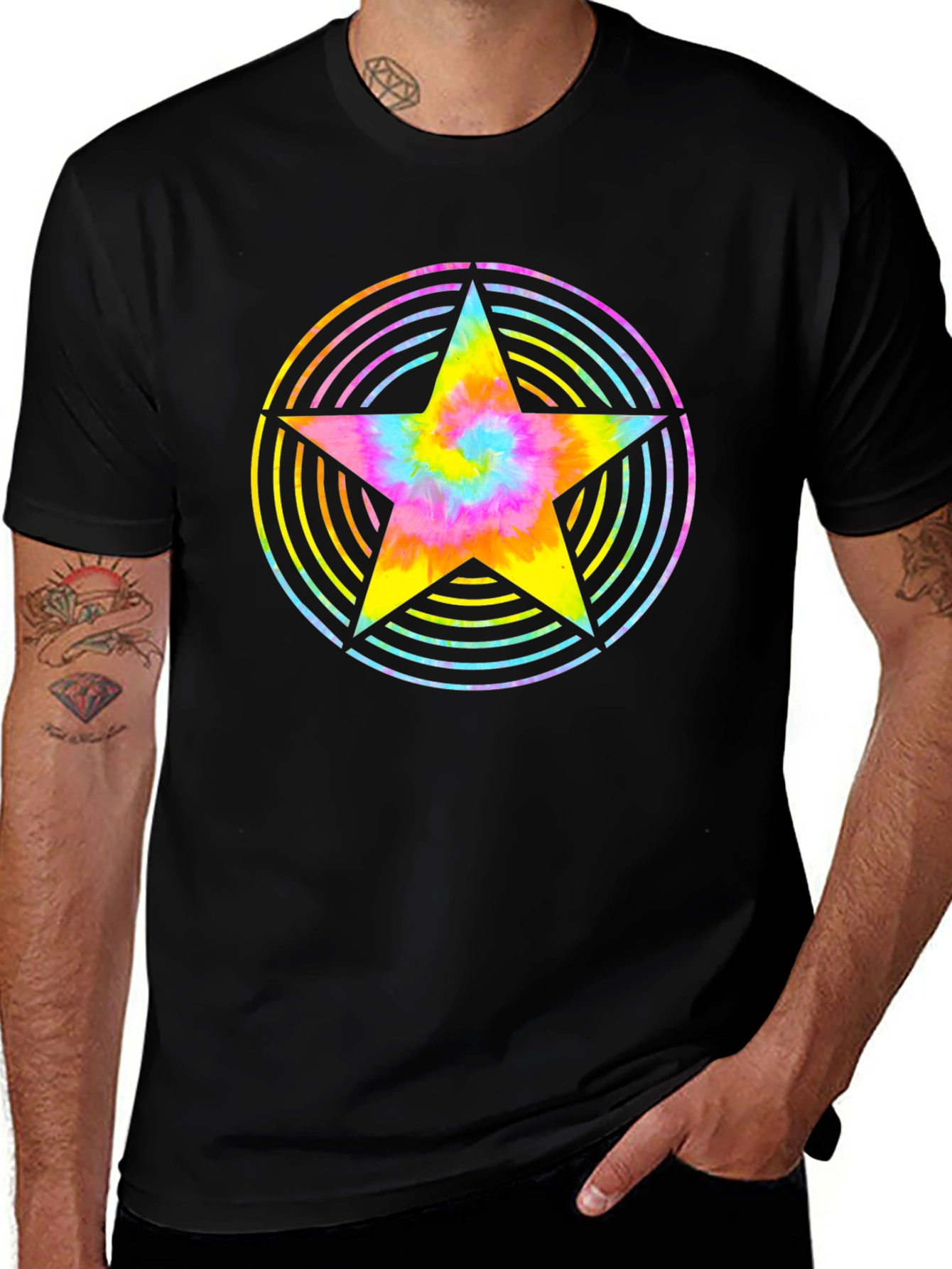 Variant 25 of Rainbow Tie-Dye Star Graphic Black T-Shirt