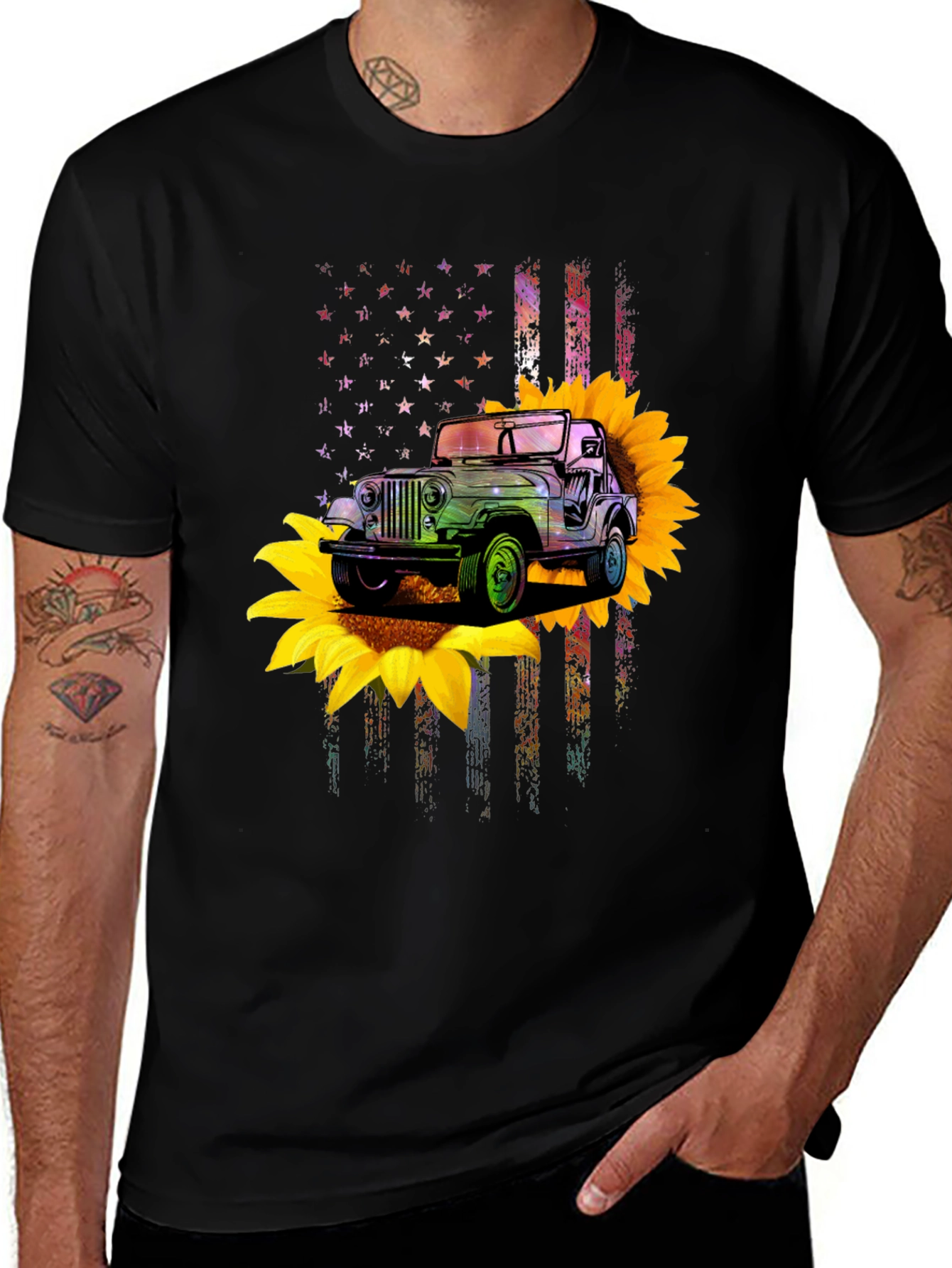 Sunflower Jeep American Flag T-Shirt