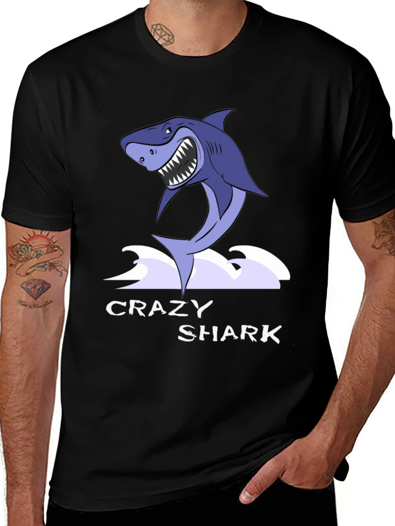 Variant 10 of Crazy Shark Graphic Tee - Black Cotton T-Shirt