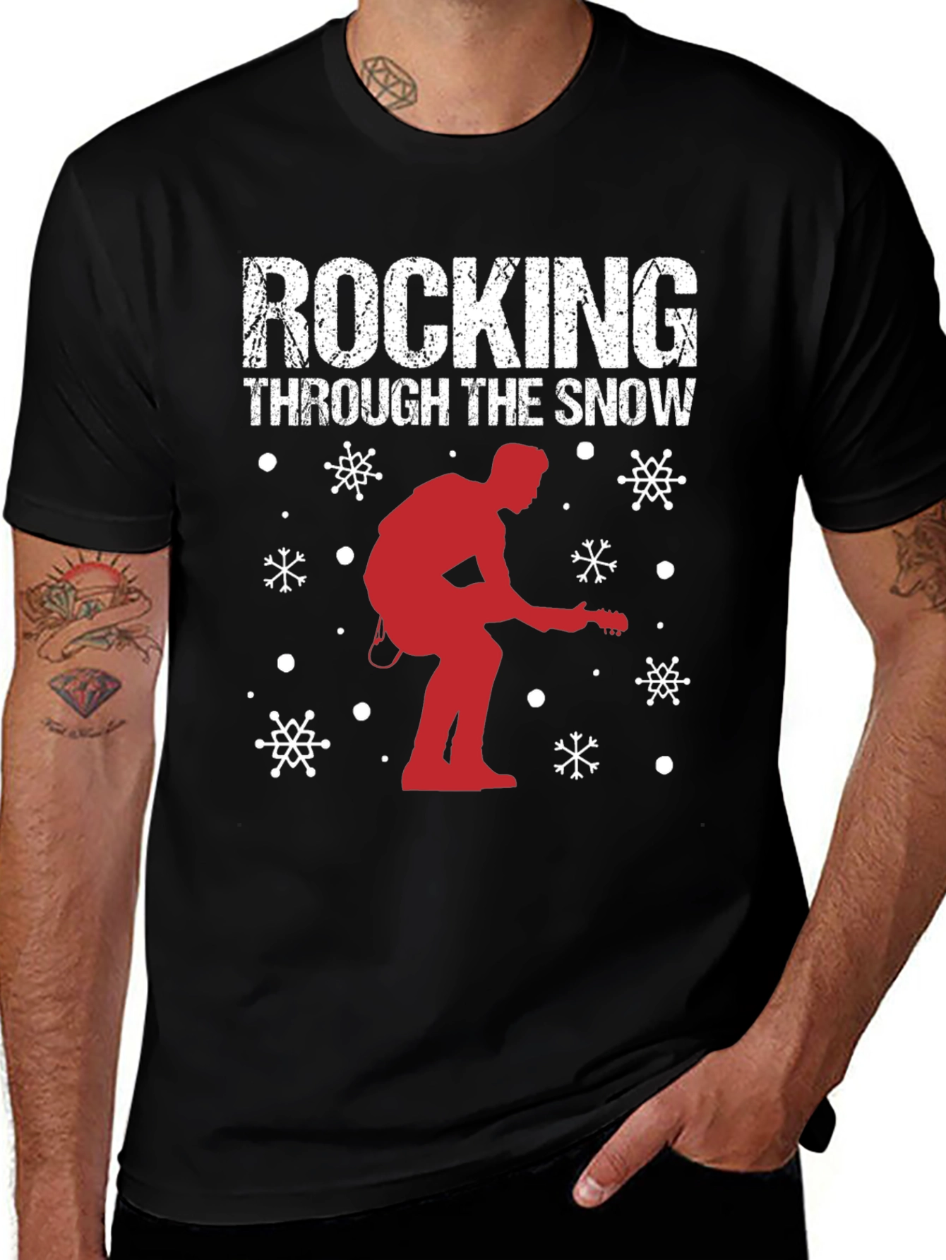 Rocking Through The Snow Guitarist Christmas T-Shirt