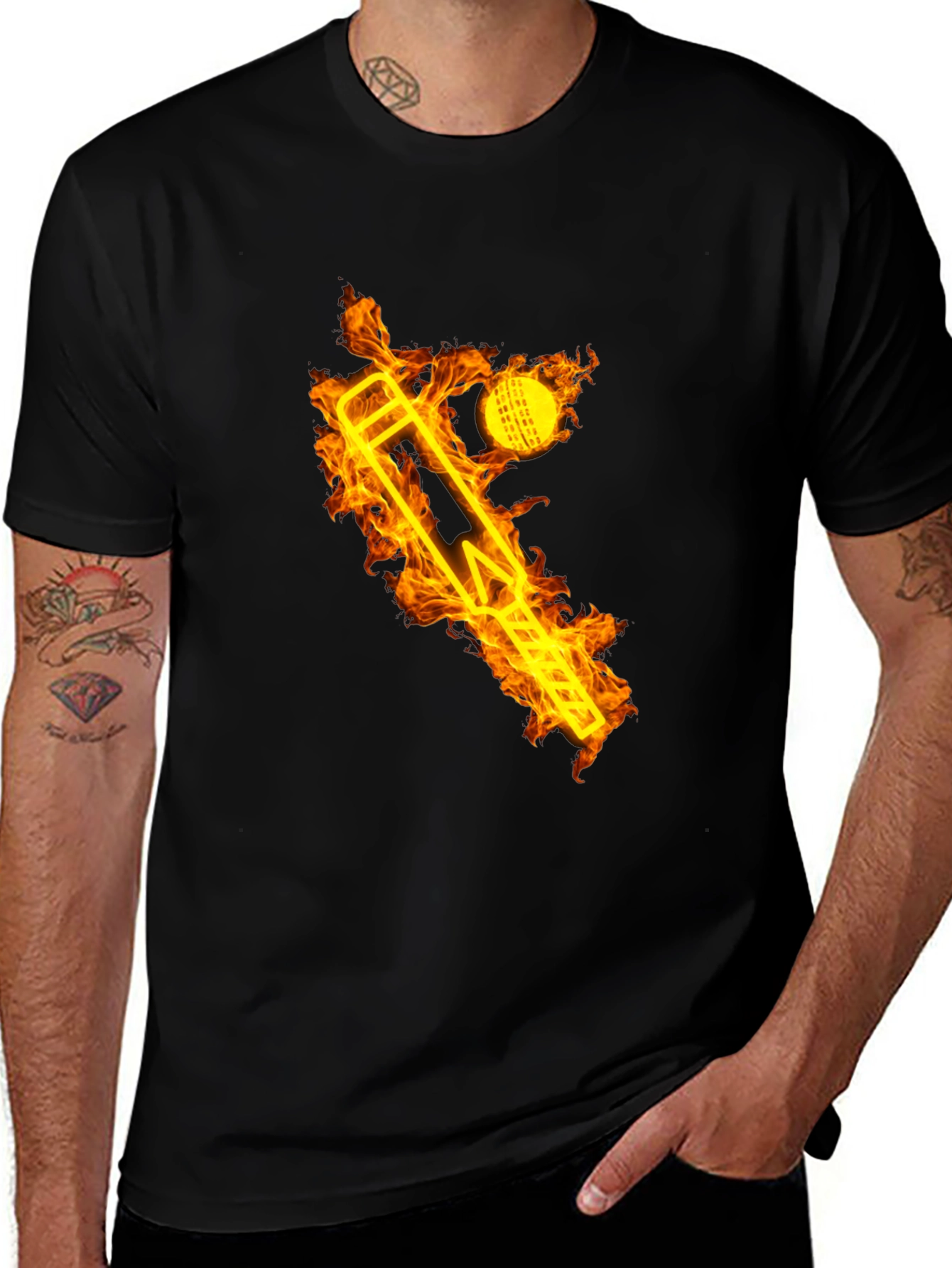 Variant 26 of Fiery Cricket Tee - Flaming Bat & Ball Design