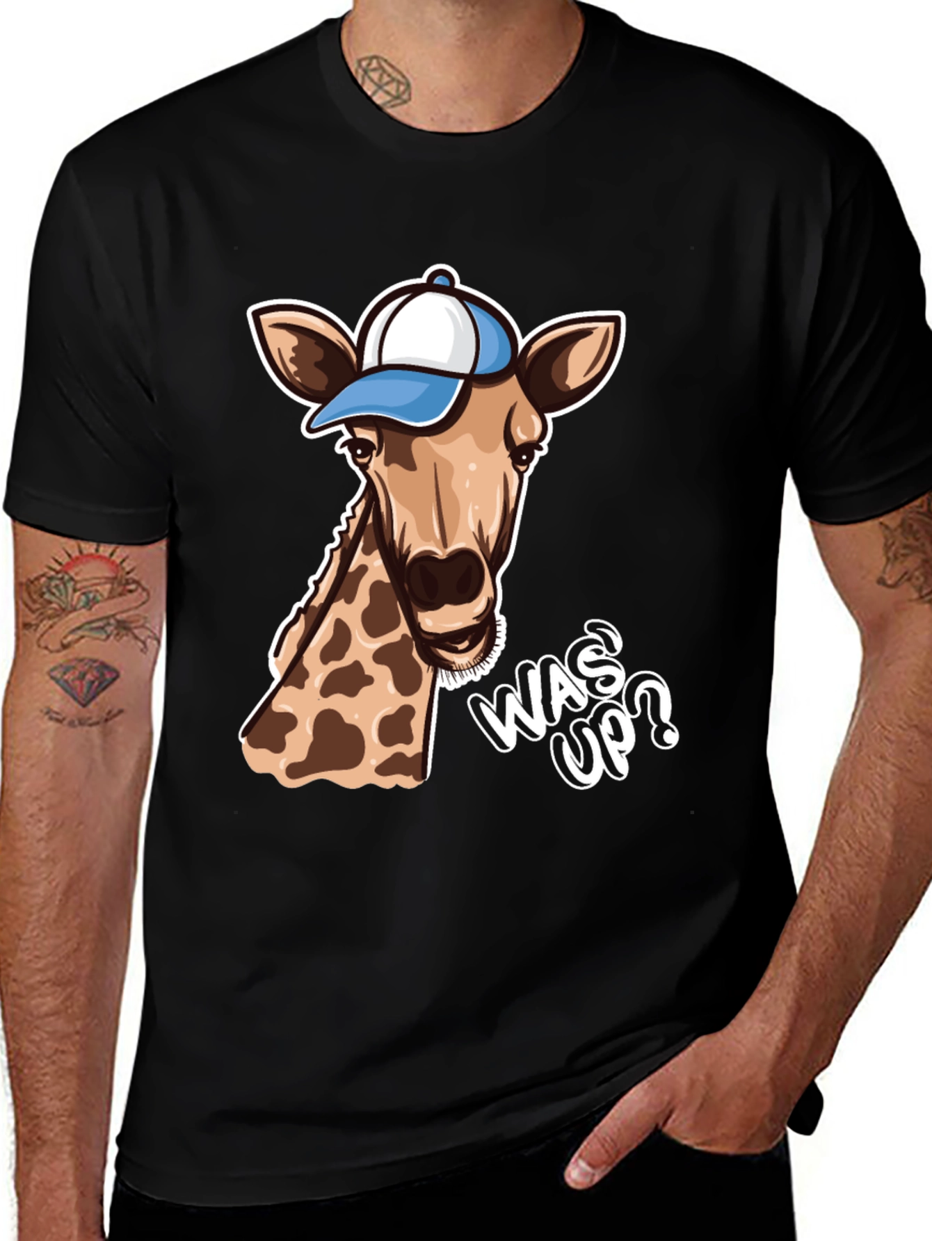 Variant 7 of Cool Giraffe T-Shirt: Was Up? Black Tee