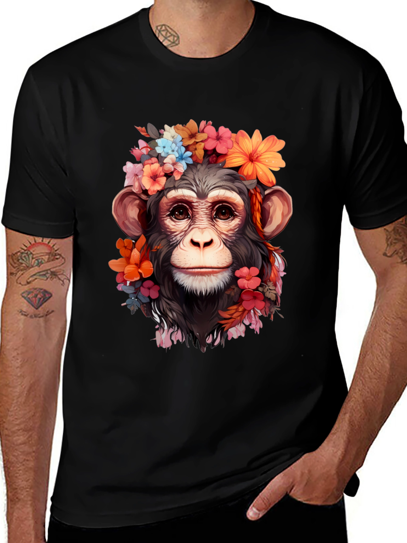 Black Floral Monkey T-Shirt - Unique Graphic Tee main image