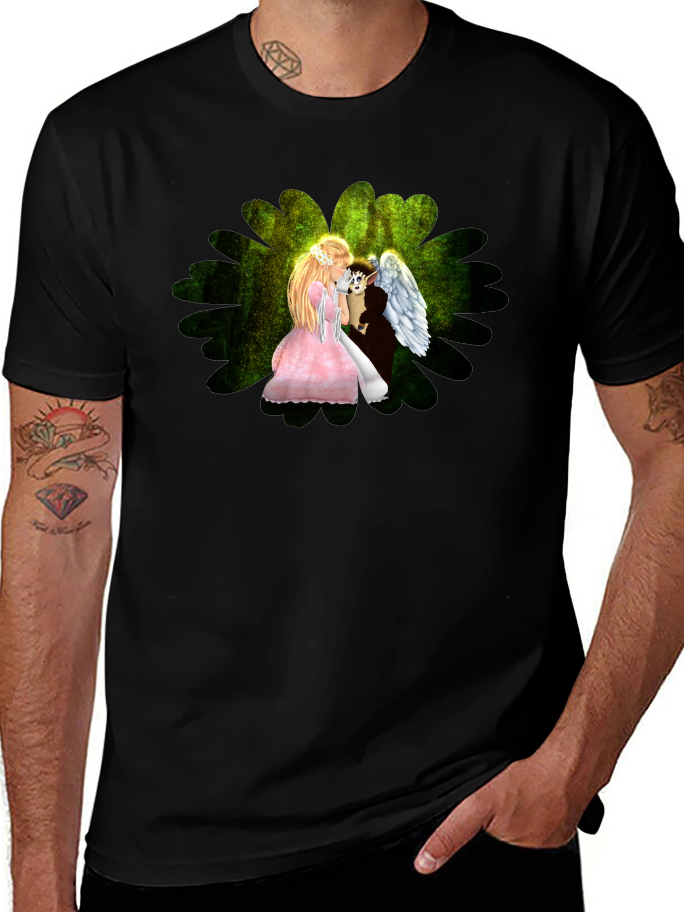 Angel & Elf Black T-Shirt - Fantasy Art Tee