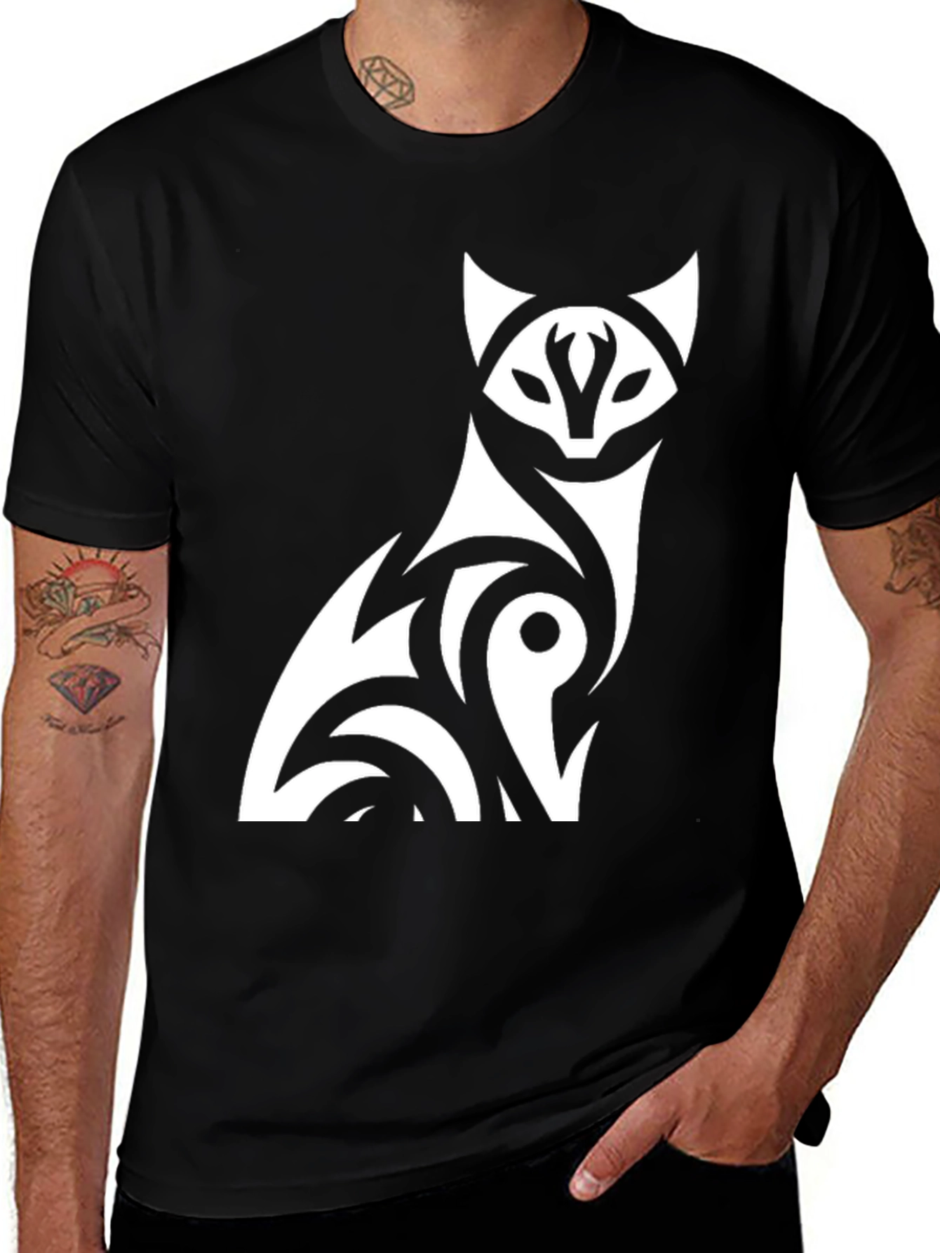 Black Tribal Fox Graphic Tee - Stylish Black T-Shirt main image