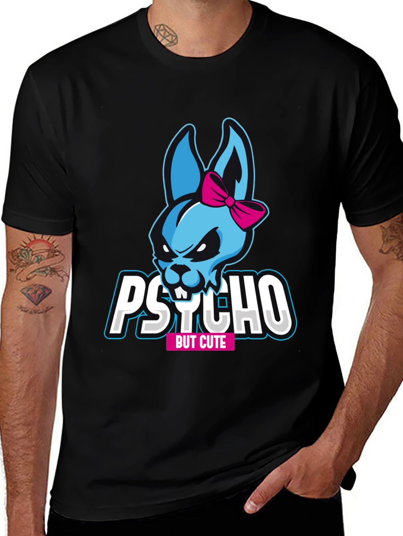 Variant 11 of Psycho But Cute Bunny T-Shirt - Black Graphic Tee