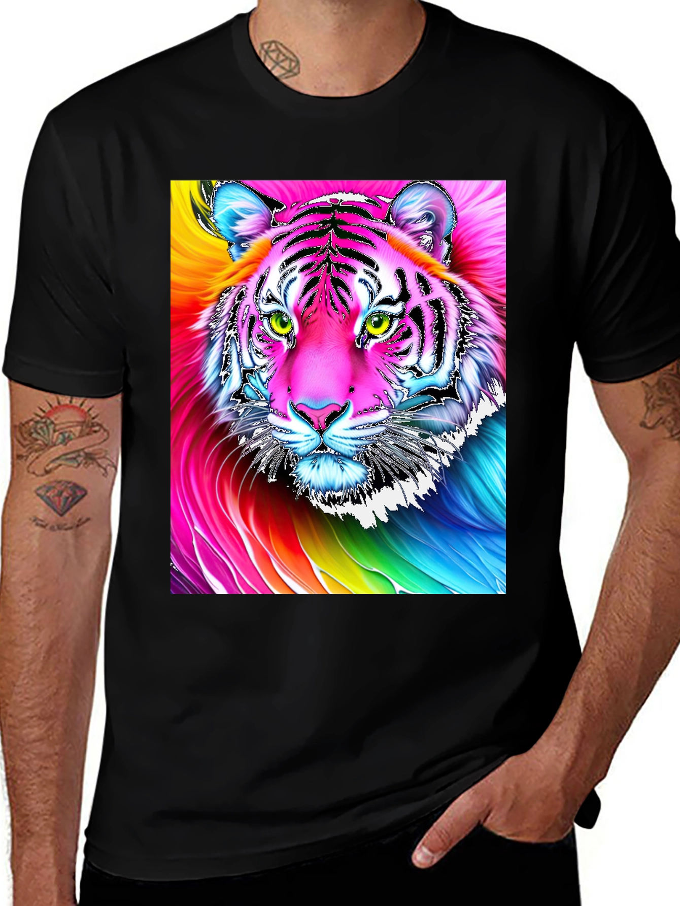Variant 21 of Rainbow Tiger Graphic Tee - Bold Black Cotton T-Shirt