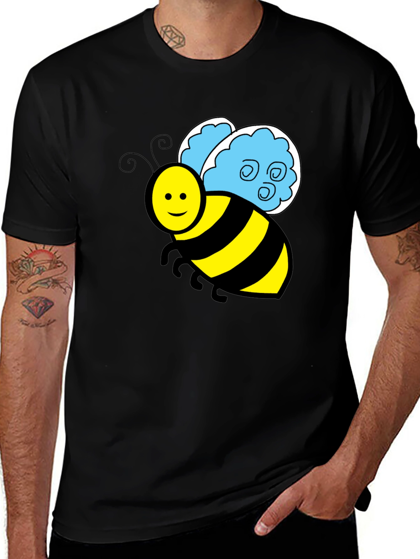 Variant 30 of Cartoon Bee Graphic T-Shirt - Black Crew Neck Tee