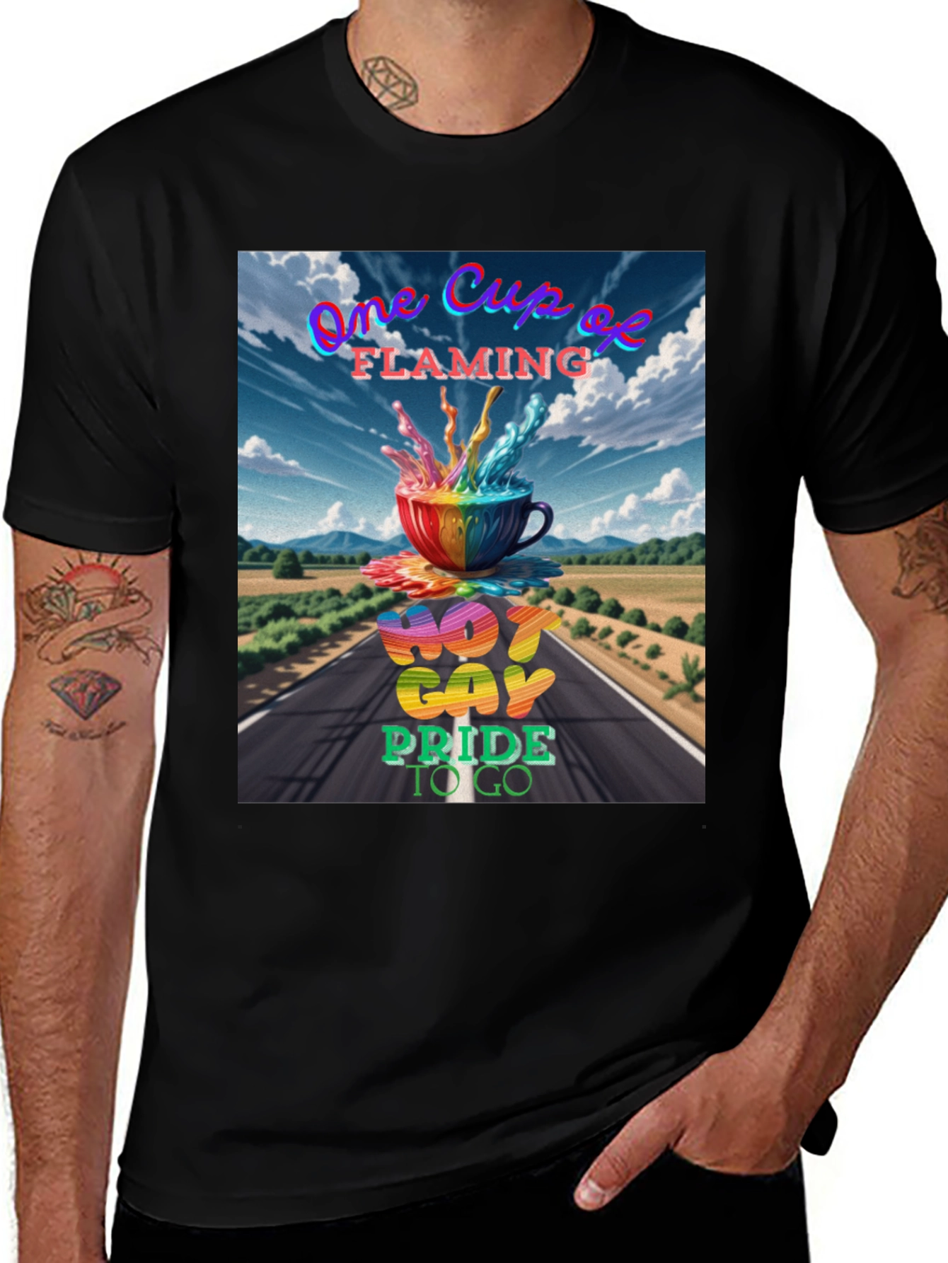 Variant 8 of One Cup of Flaming Hot Gay Pride T-Shirt