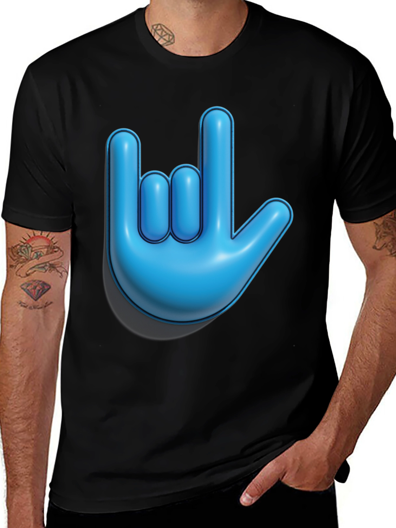 Variant 5 of Blue Hand Sign Graphic Black T-Shirt