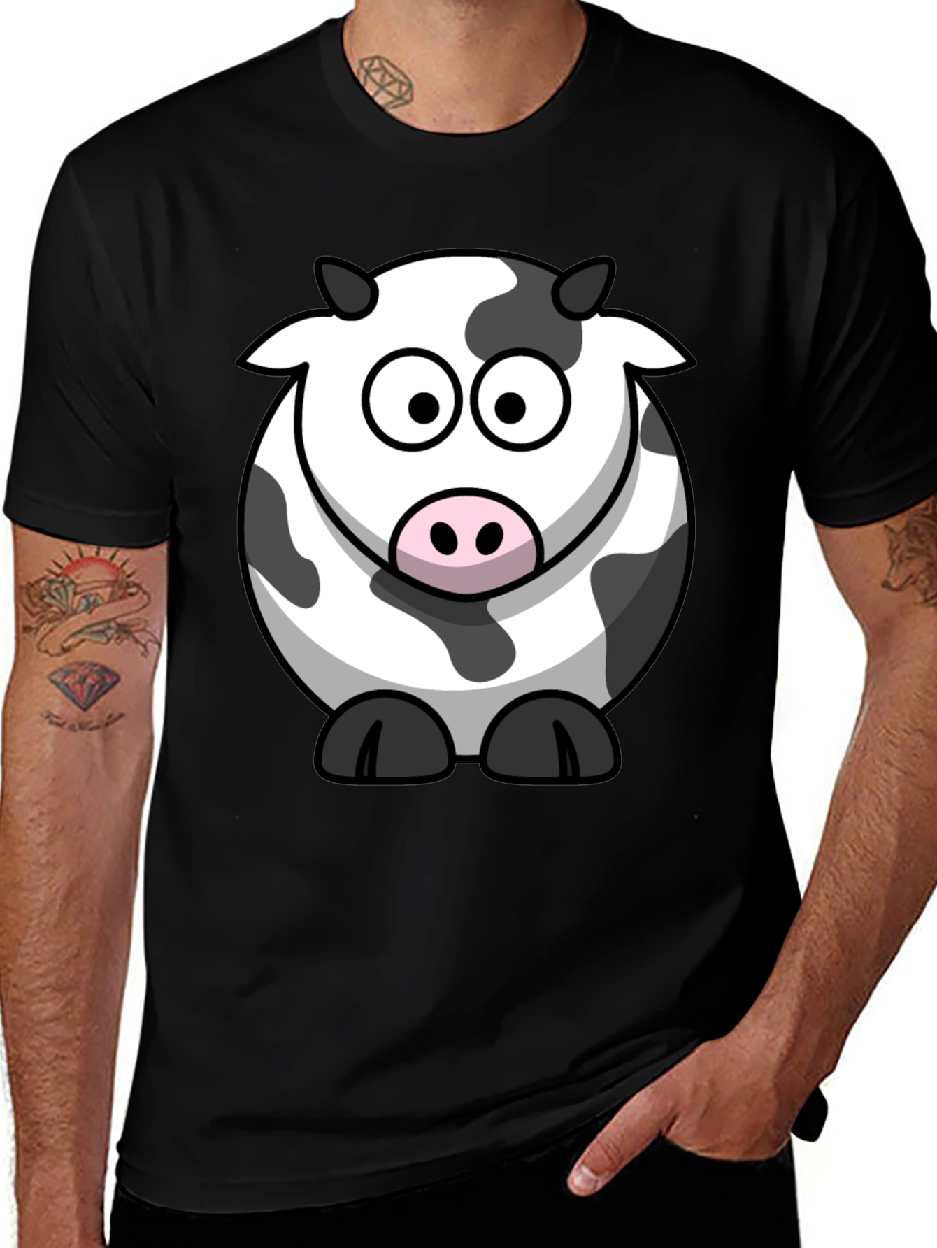 Variant 5 of Cartoon Cow Graphic Tee - Black Cotton Comfort