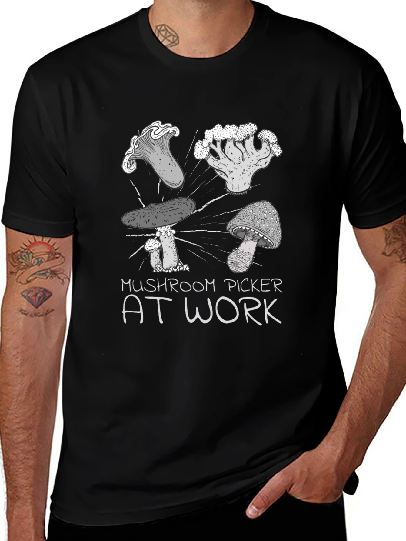 Variant 17 of Mushroom Picker at Work T-Shirt - Black