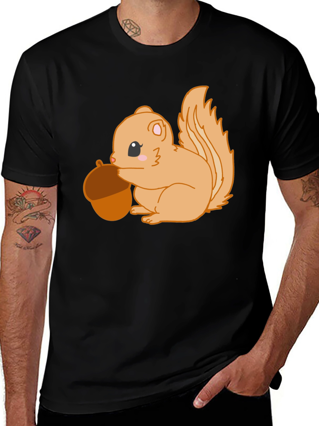 Variant 18 of Cute Squirrel Holding Acorn Graphic Tee - Black