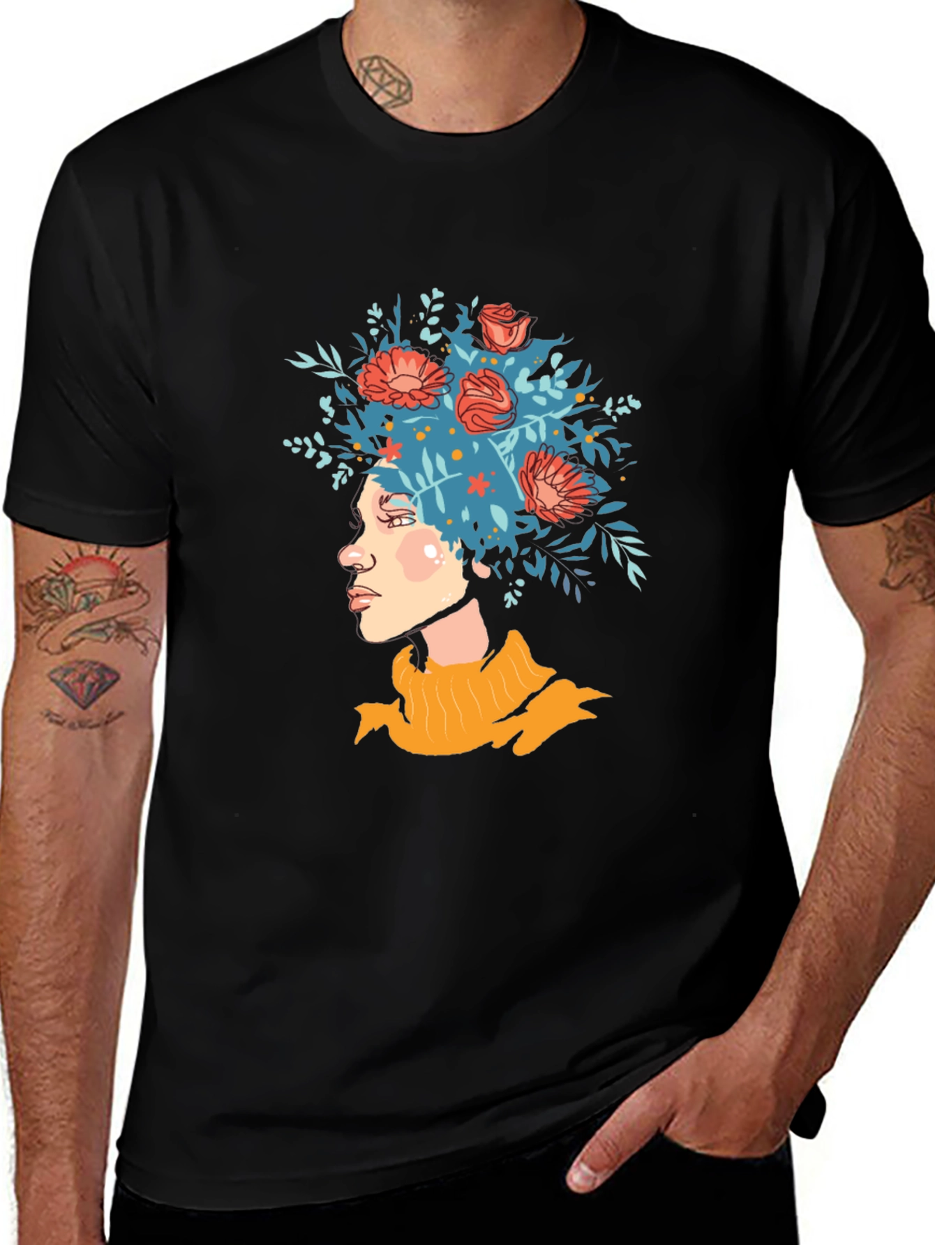Variant 4 of Floral Haired Woman Graphic Tee - Unisex Black T-Shirt