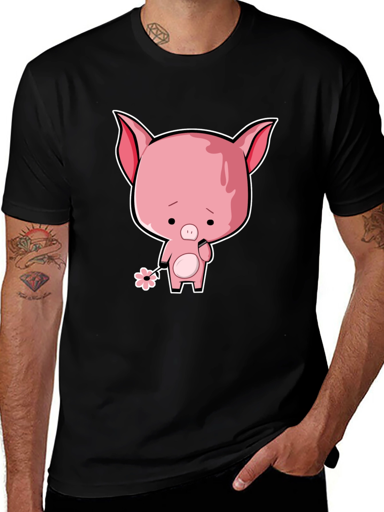 Variant 25 of Sad Pig Cartoon T-Shirt - Black