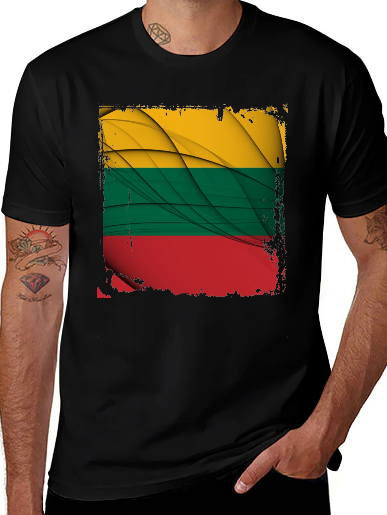 Variant 21 of Lithuania Flag T-Shirt - Distressed Design - Black Tee