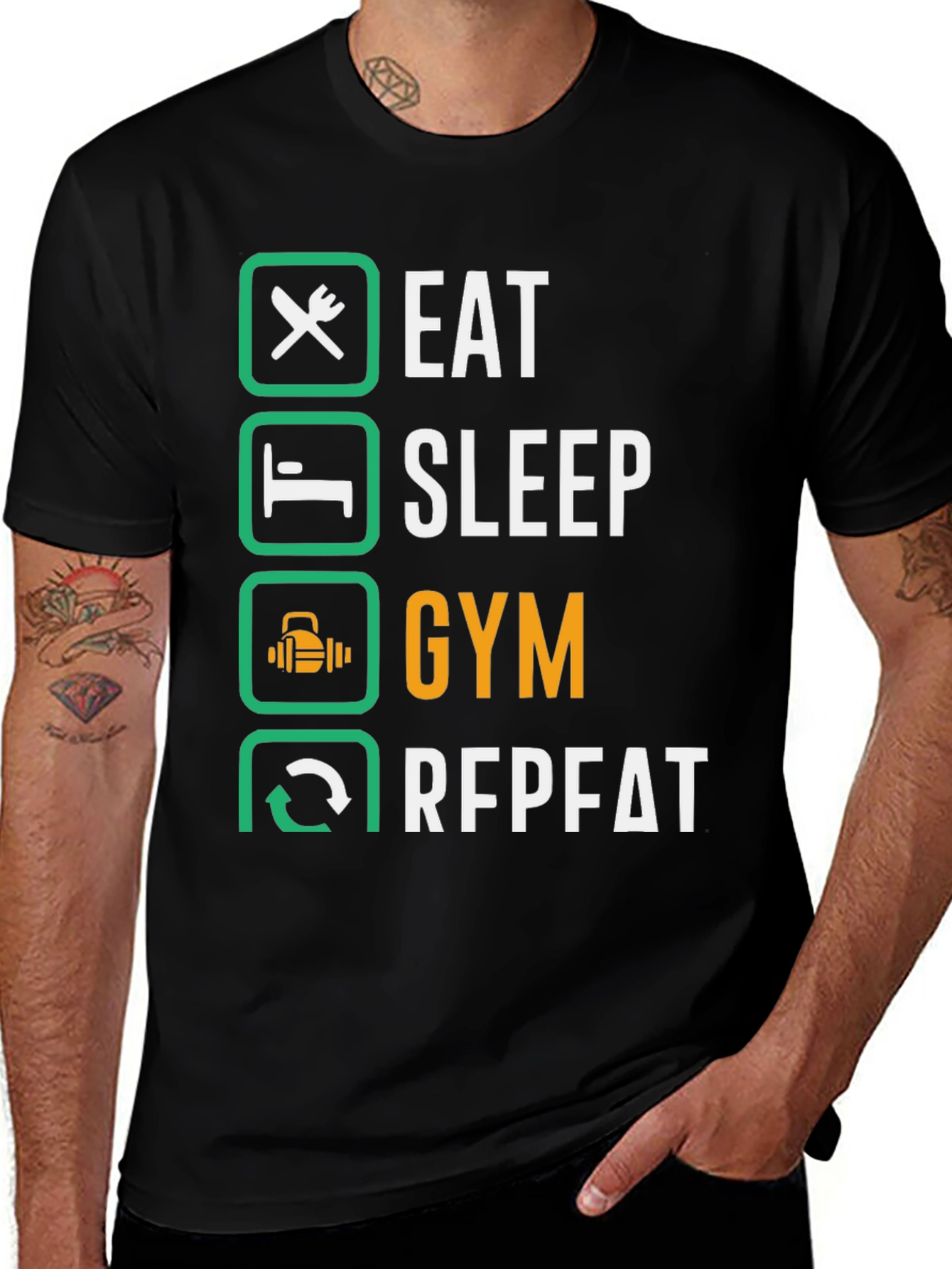 Variant 5 of Eat Sleep Gym Repeat Black Graphic Tee