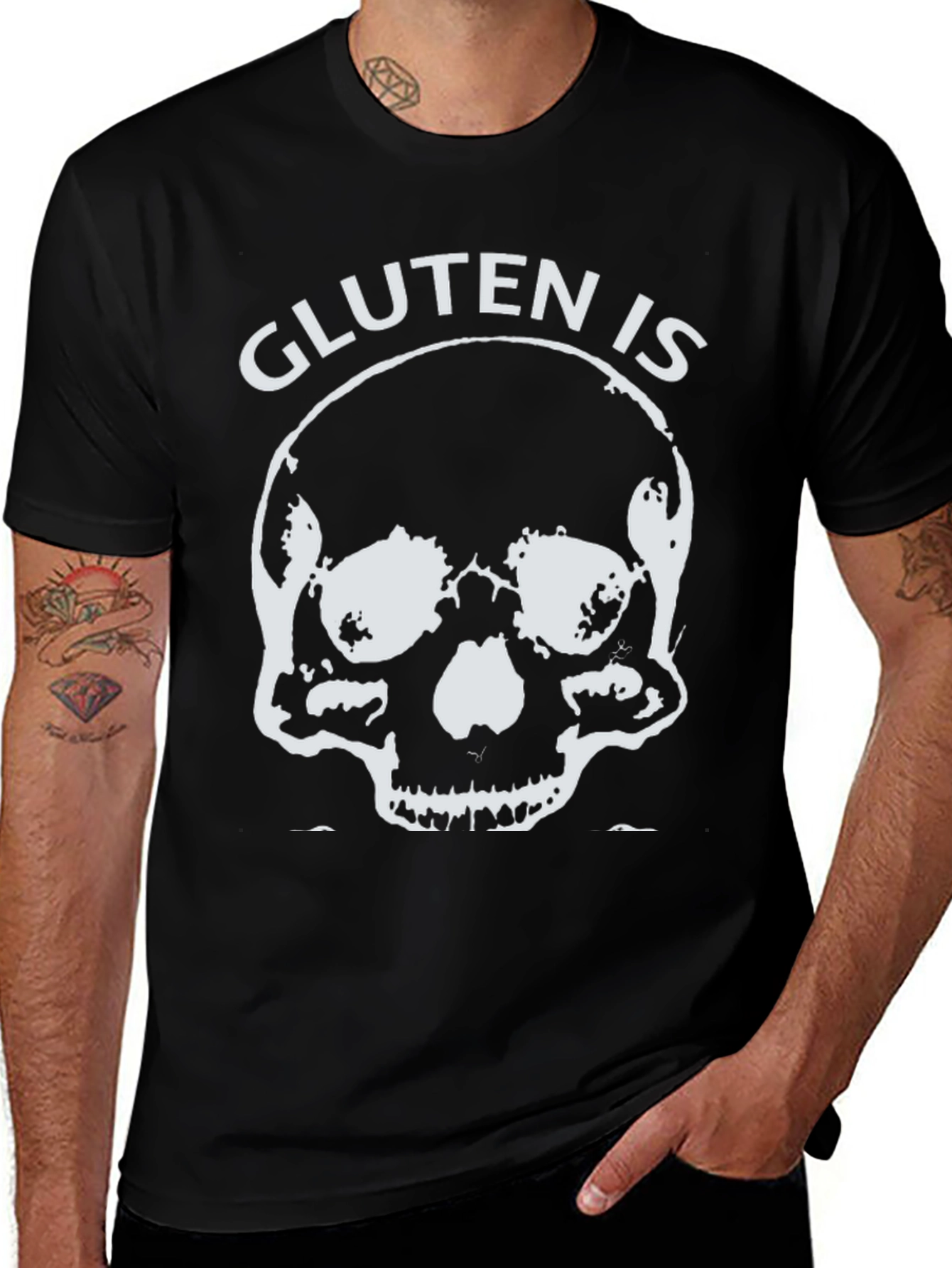 Variant 11 of Gluten is Death Black T-Shirt - Skull Design
