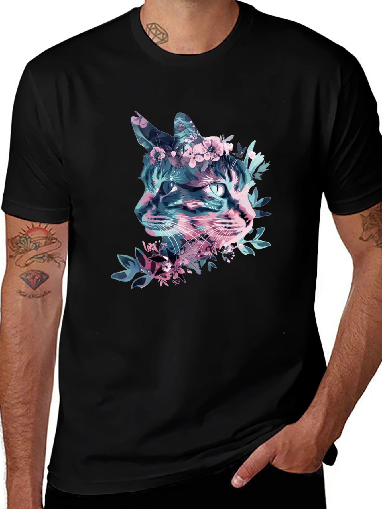 Variant 15 of Floral Cat Graphic Tee - Stylish Men's Black T-Shirt