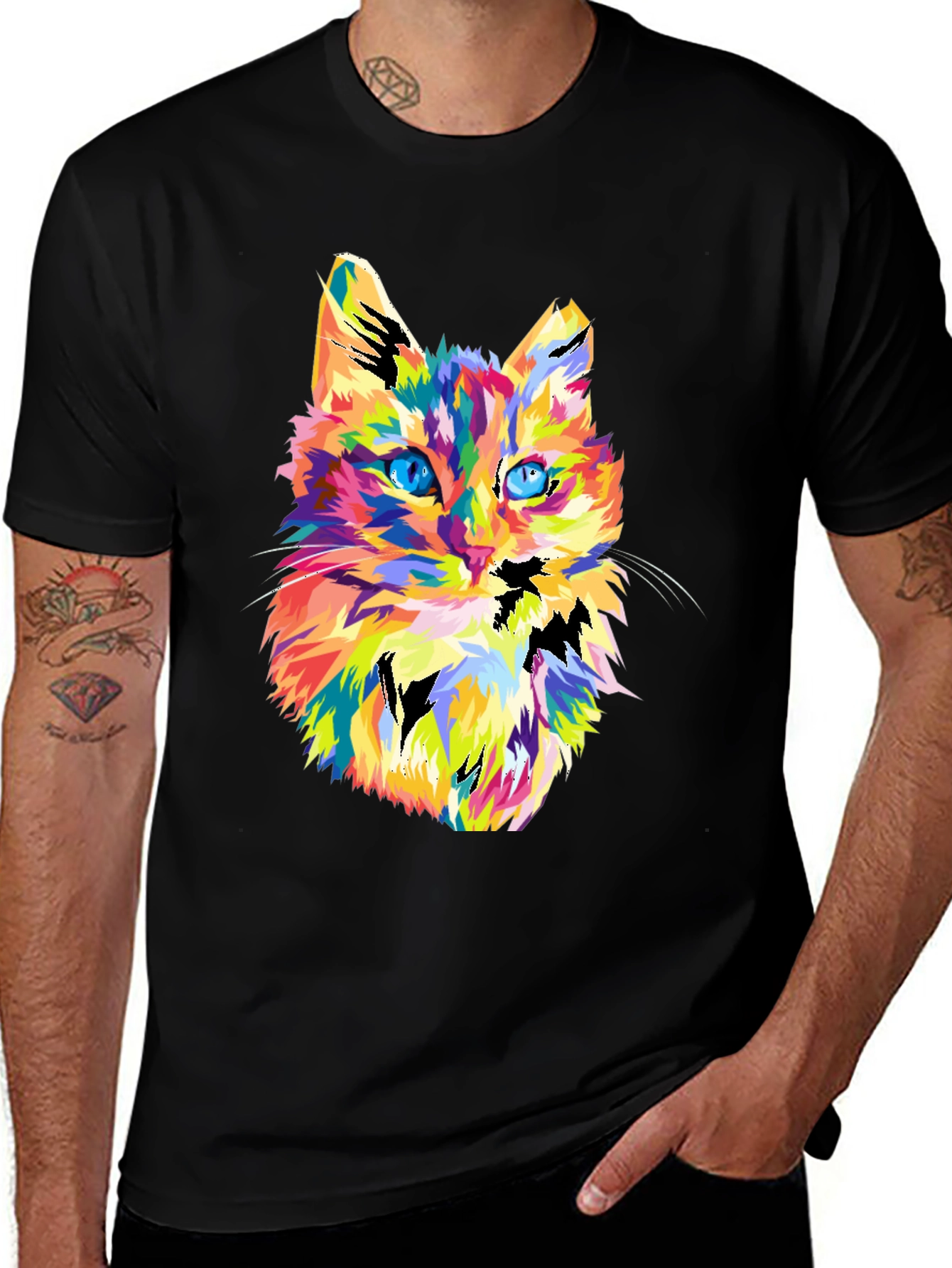 Variant 28 of Colorful Cat Graphic Tee - Men's Black T-Shirt