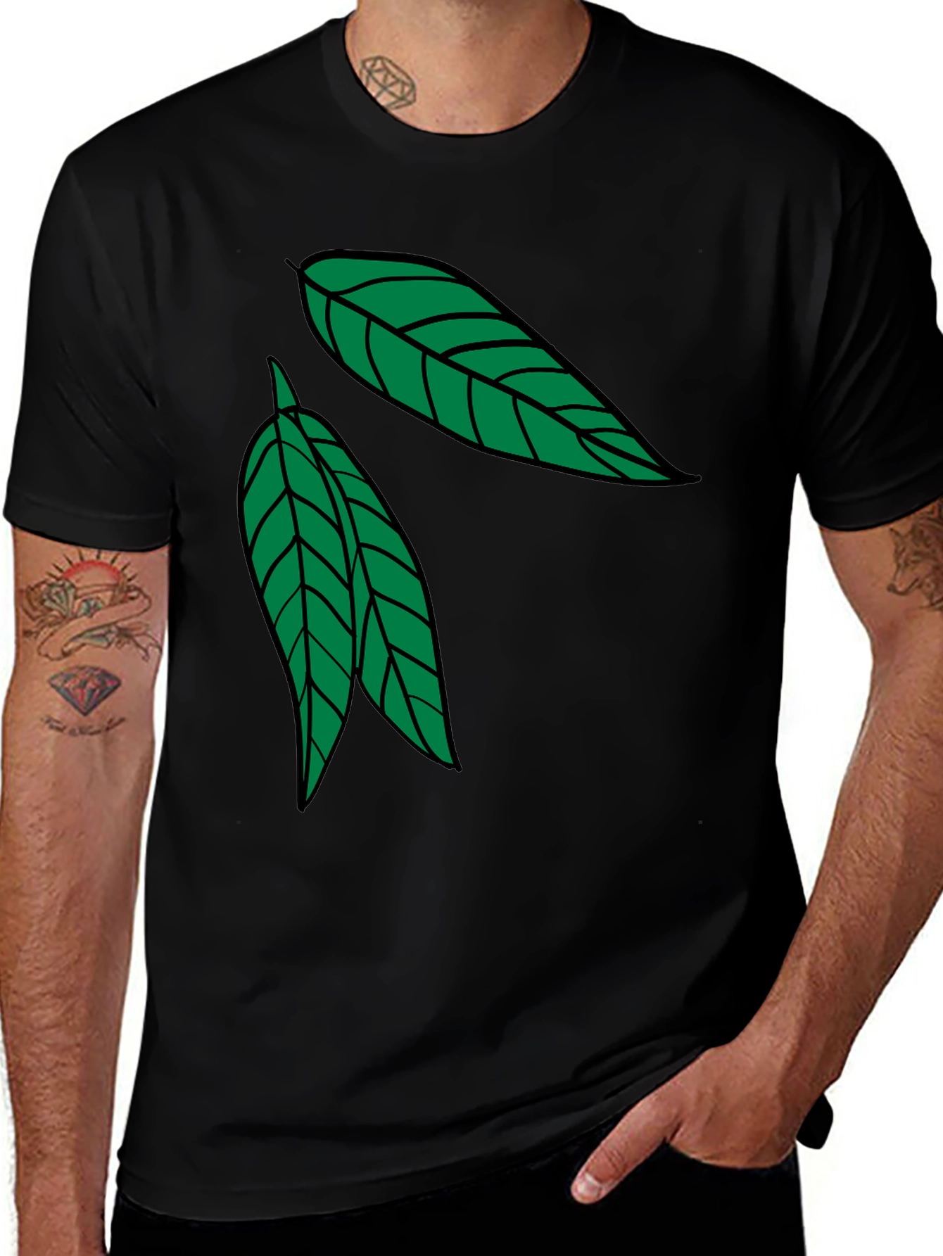 Leaf Design Black Cotton T-Shirt