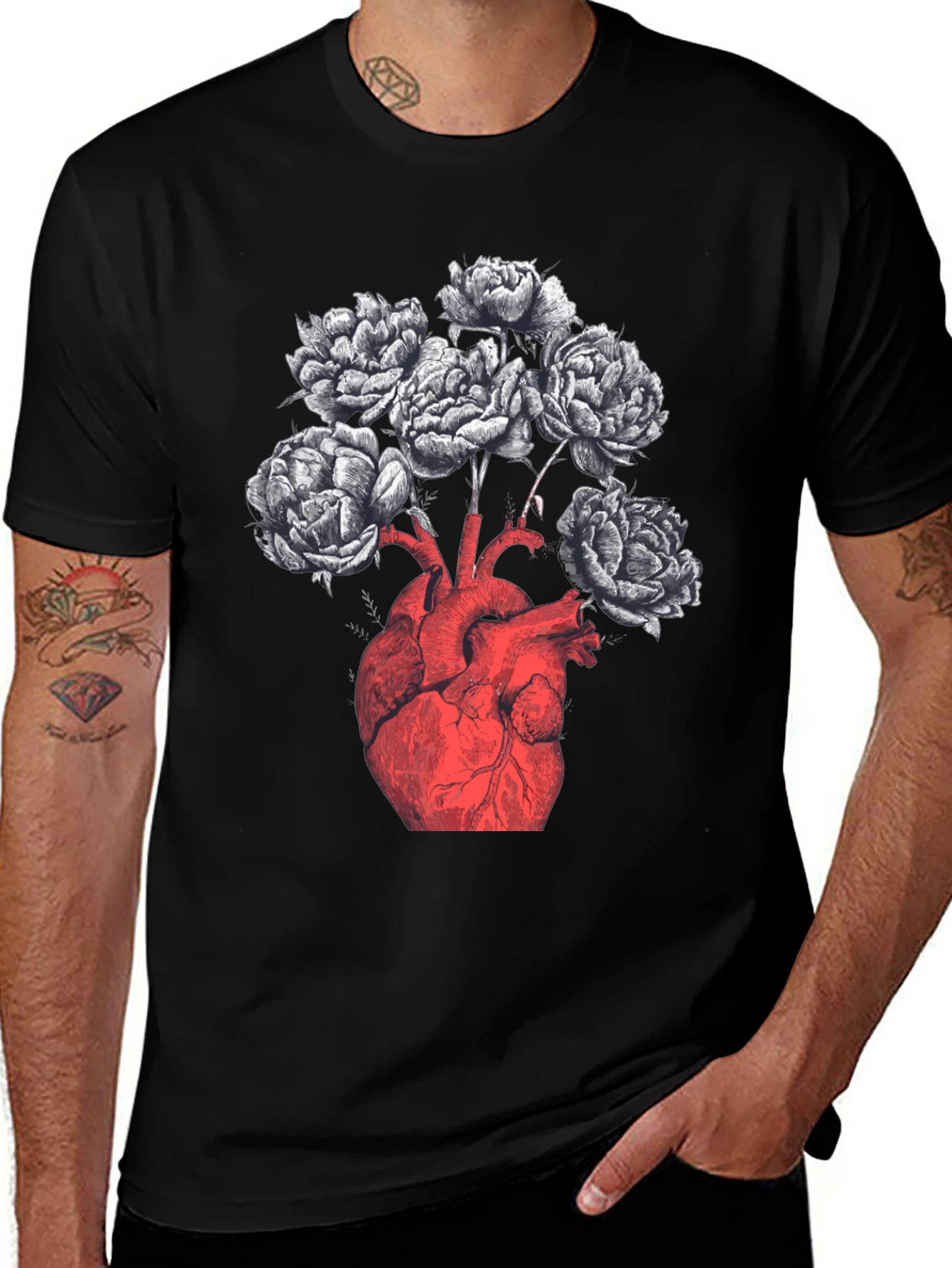 Anatomical Heart & Floral Black Graphic Tee