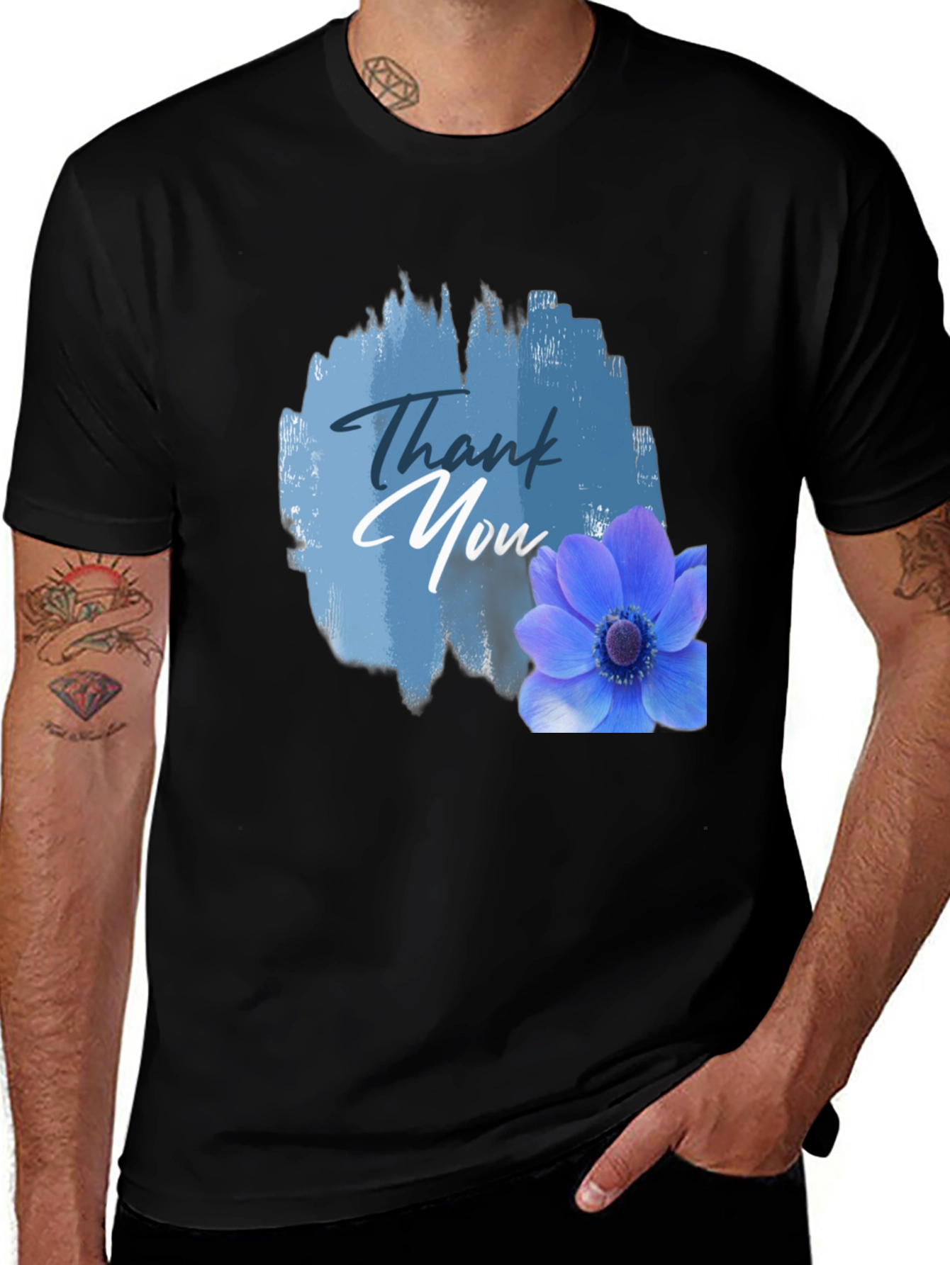 Variant 19 of Thank You Flower Graphic Tee - Casual Black T-Shirt