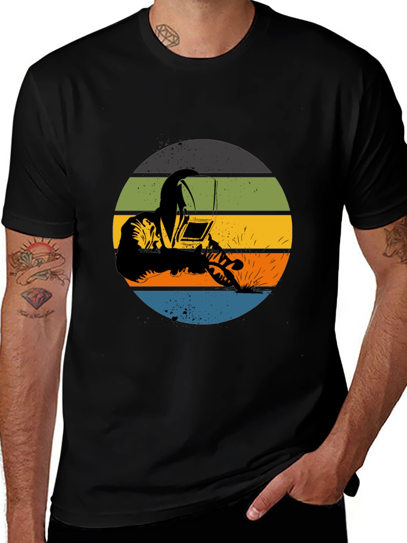 Variant 15 of Welder Silhouette T-Shirt - Retro Striped Design