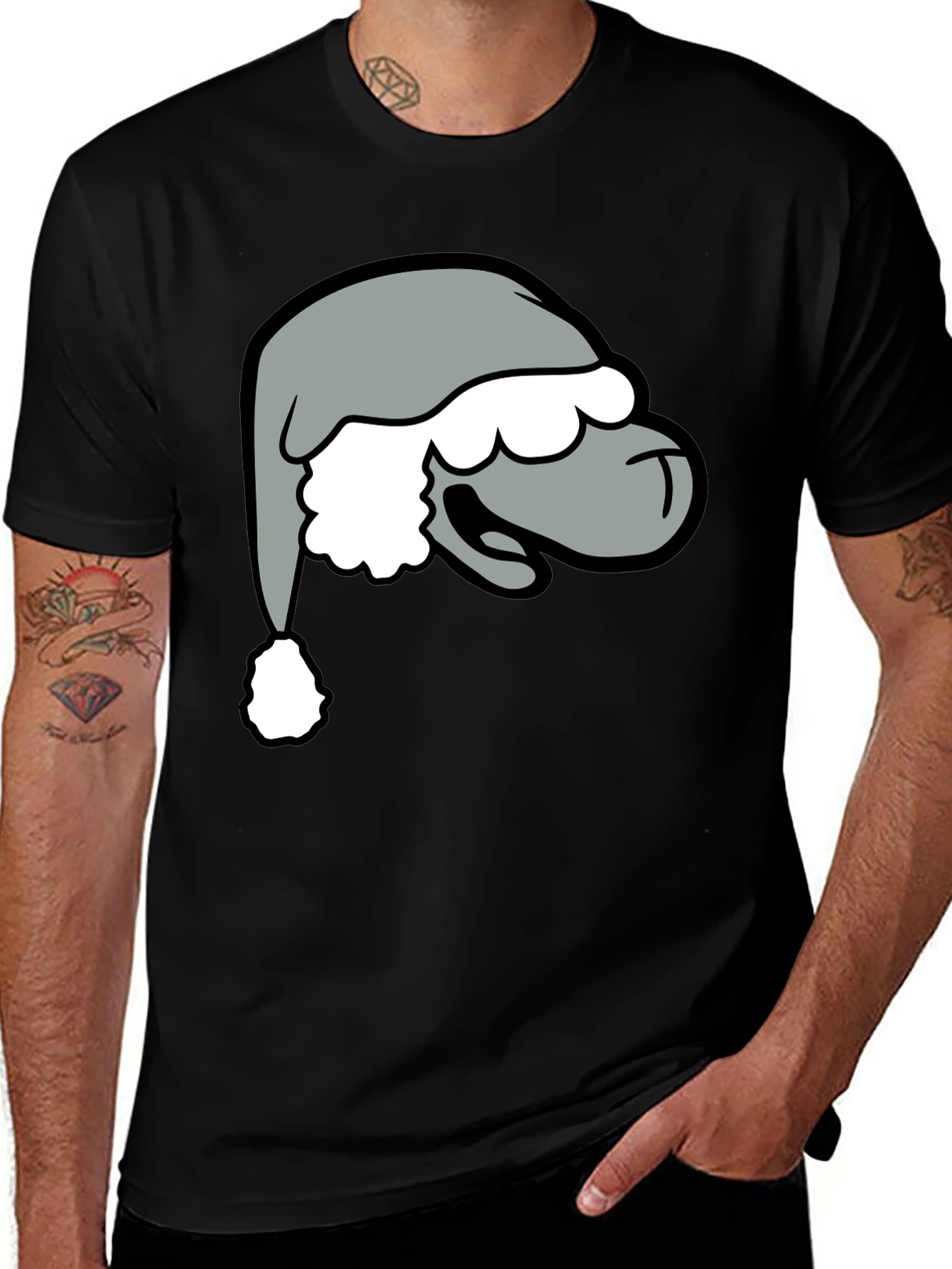 Variant 2 of Cartoon Santa Hat Graphic Tee - Black