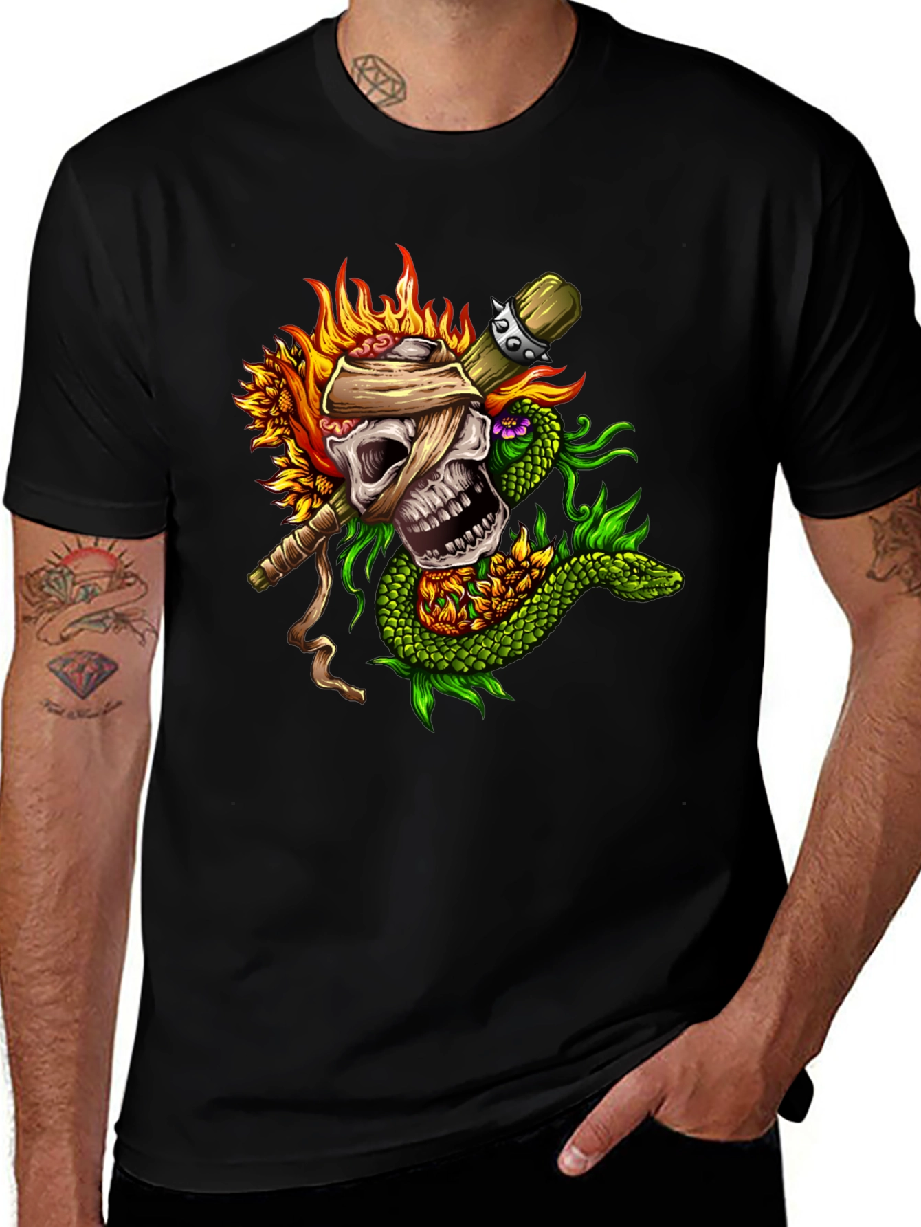 Black Skull & Snake Graphic Tee - Unique Tattoo Style main image