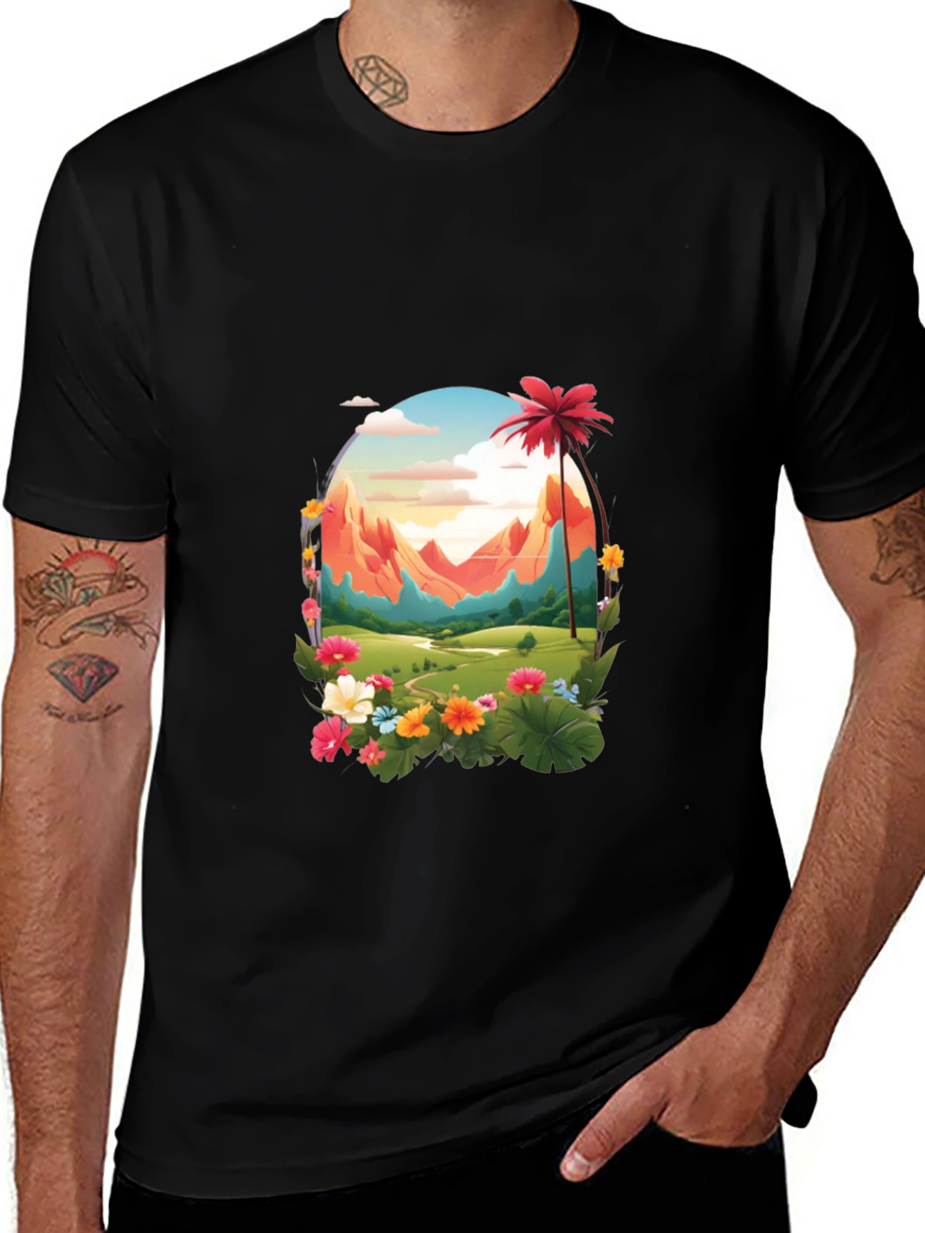 Variant 7 of Tropical Mountain Graphic Black T-Shirt