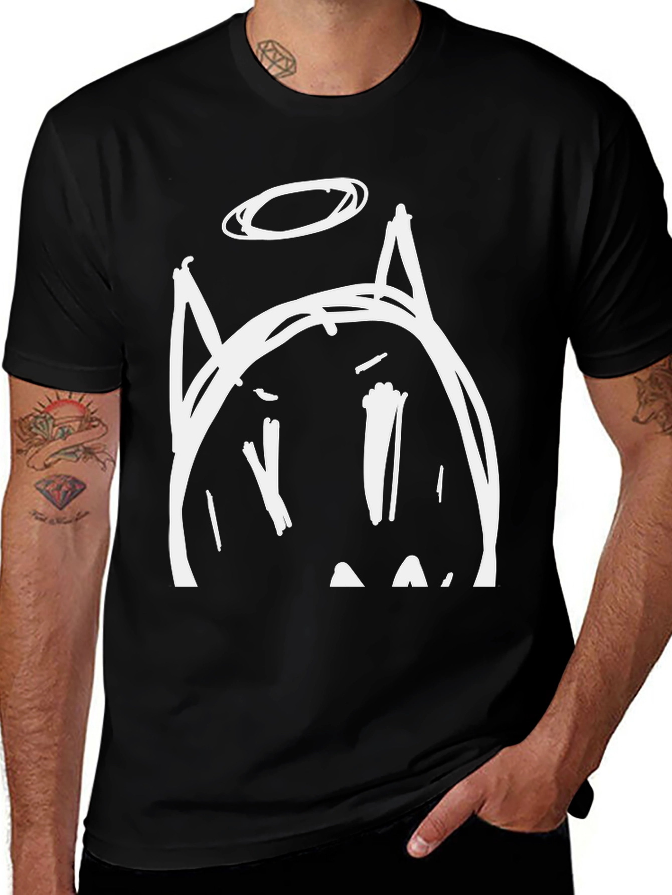 Angel Cat Tee - Black Crew Neck Graphic T-Shirt